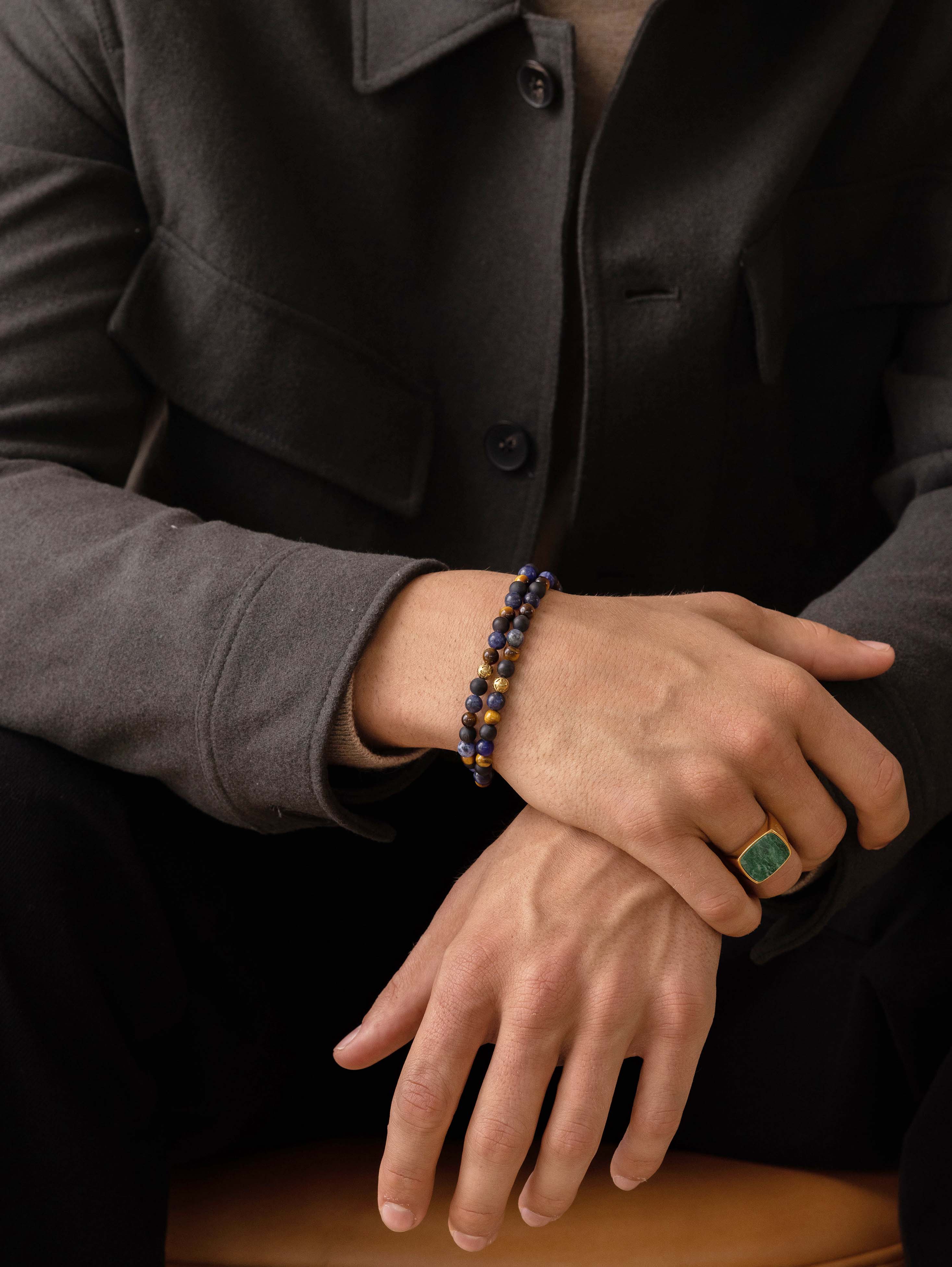 Nialaya Men's Beaded Bracelet Men's Adorned Wrap Around Bracelet with Brown Tiger Eye, Dumortierite and Onyx