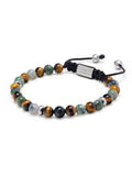 Nialaya Men's Beaded Bracelet Men's Beaded Bracelet with Aquatic Agate, Brown Tiger Eye and Silver