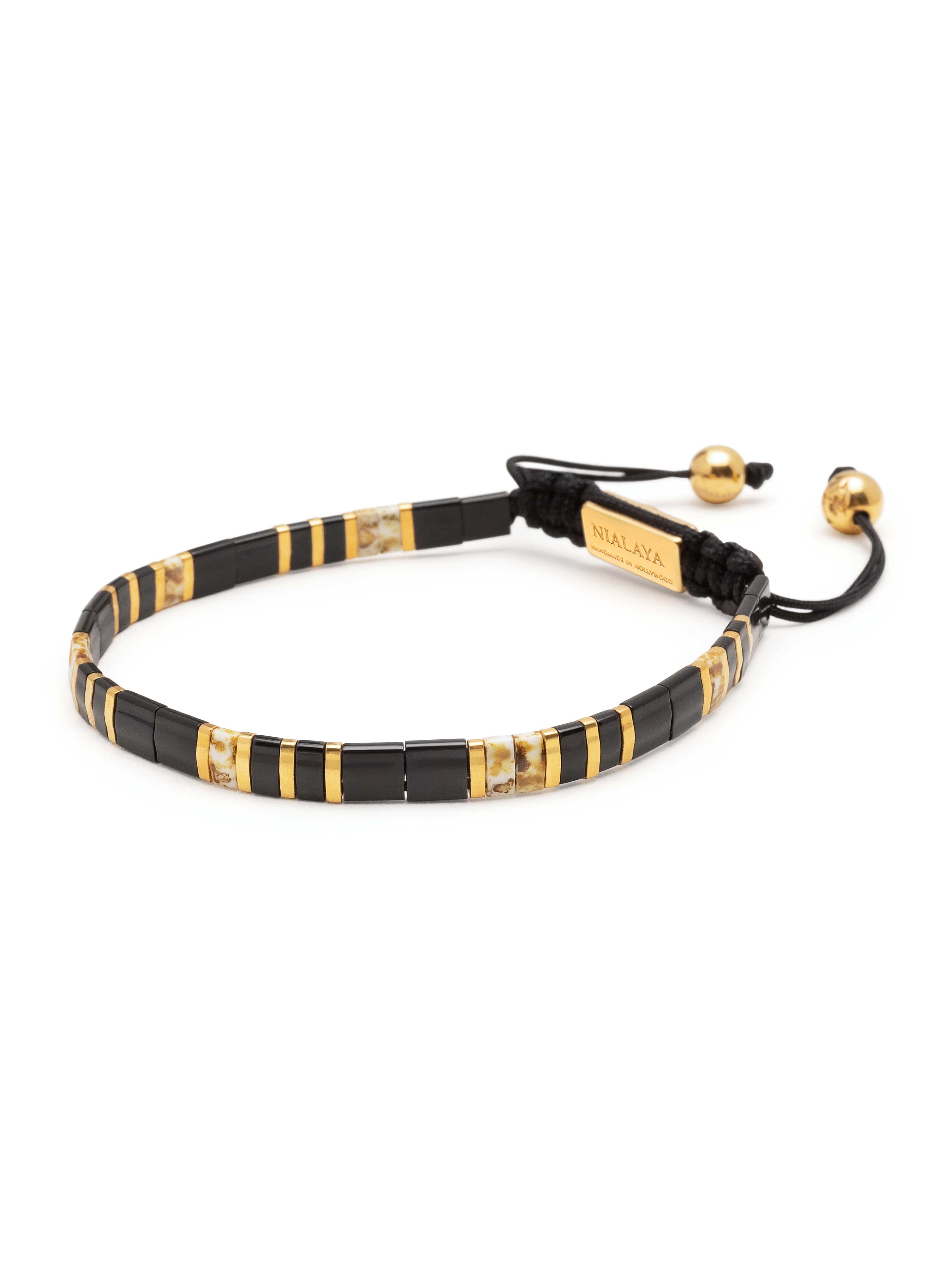 Nialaya Men's Beaded Bracelet Men's Bracelet with Black and Gold Miyuki Tila Beads