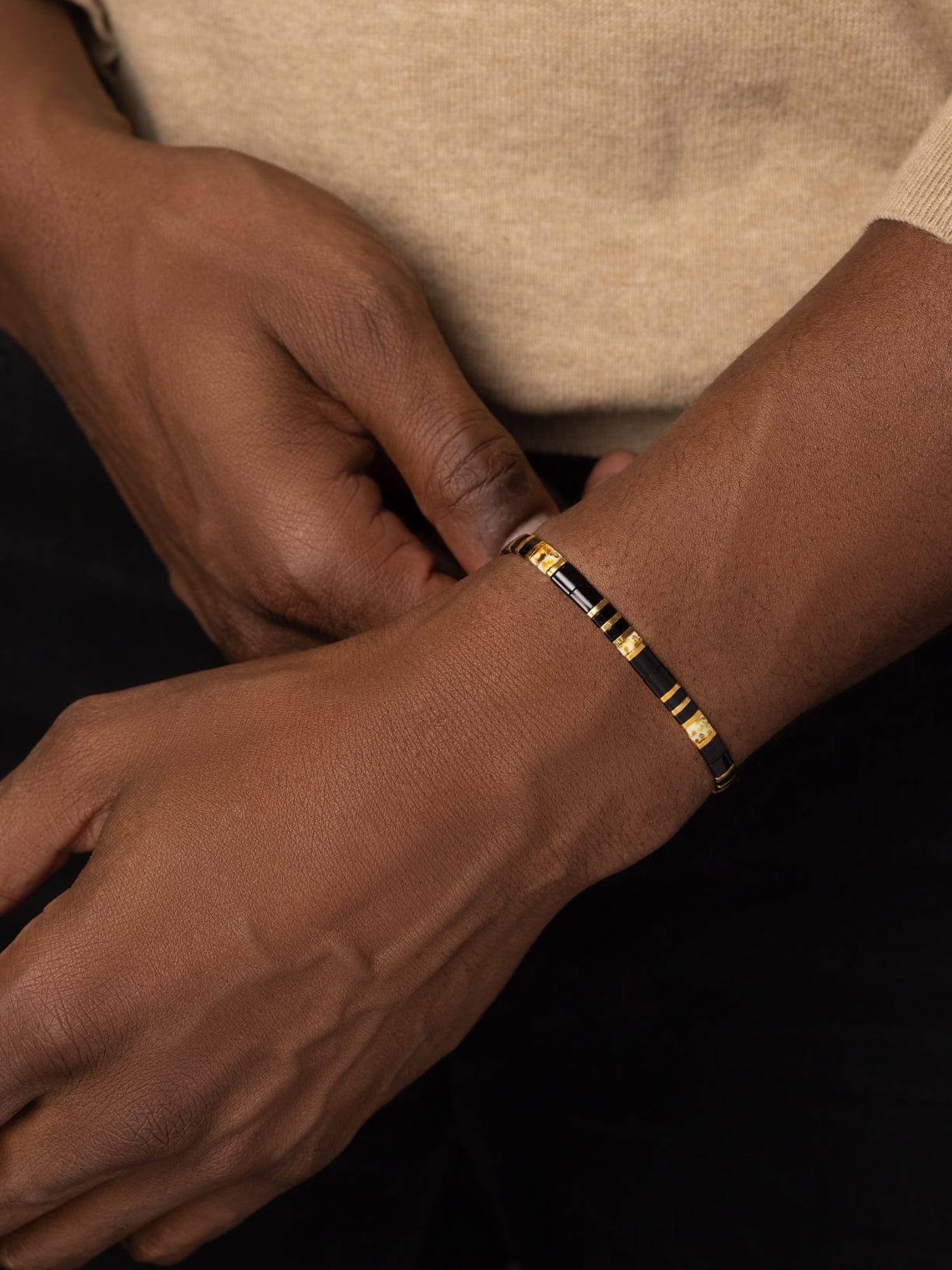 Nialaya Men's Beaded Bracelet Men's Bracelet with Black and Gold Miyuki Tila Beads