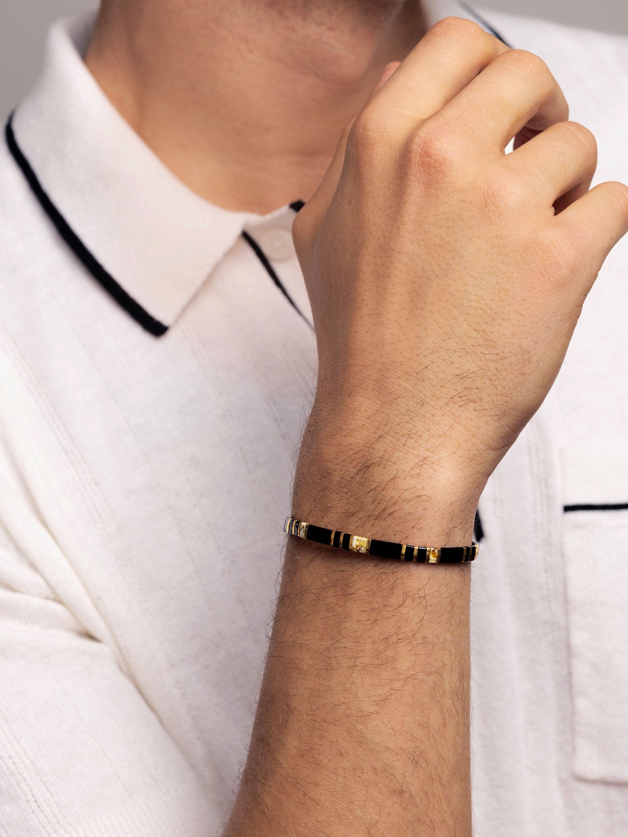 Nialaya Men's Beaded Bracelet Men's Bracelet with Black and Gold Miyuki Tila Beads
