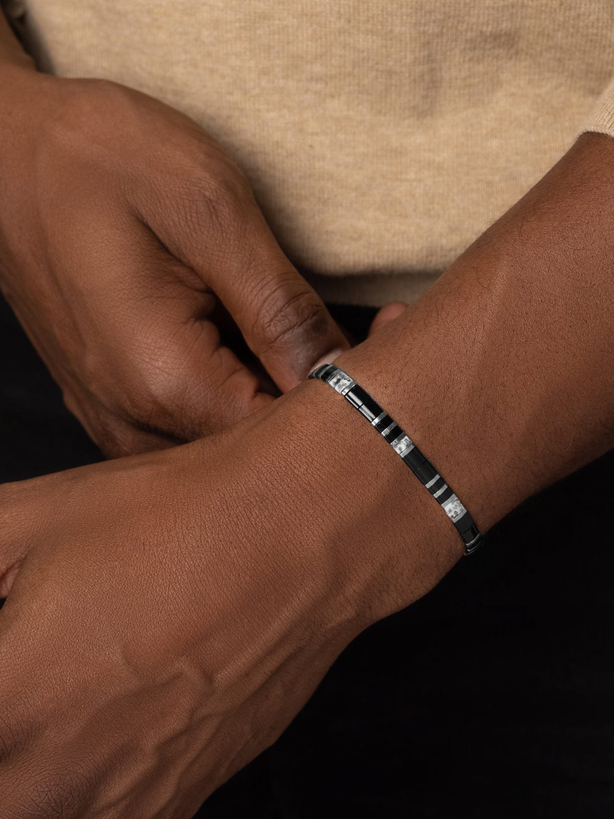 Nialaya Men's Beaded Bracelet Men's Bracelet with Black and Silver Miyuki Tila Beads