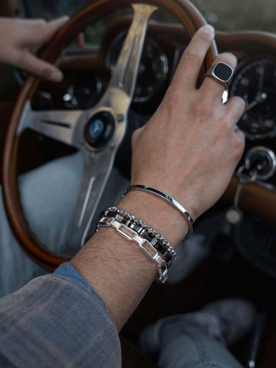 Nialaya Men's Beaded Bracelet Men's Bracelet with Black and Silver Miyuki Tila Beads