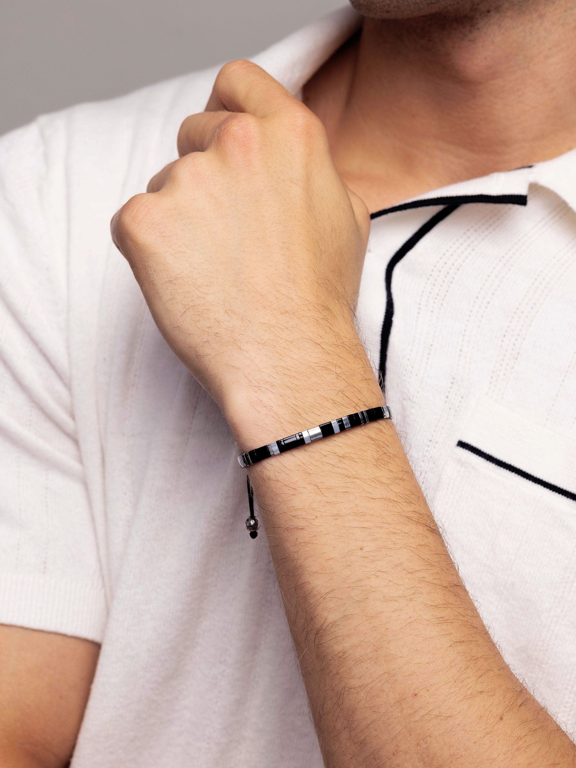 Nialaya Men's Beaded Bracelet Men's Bracelet with Black and Silver Miyuki Tila Beads