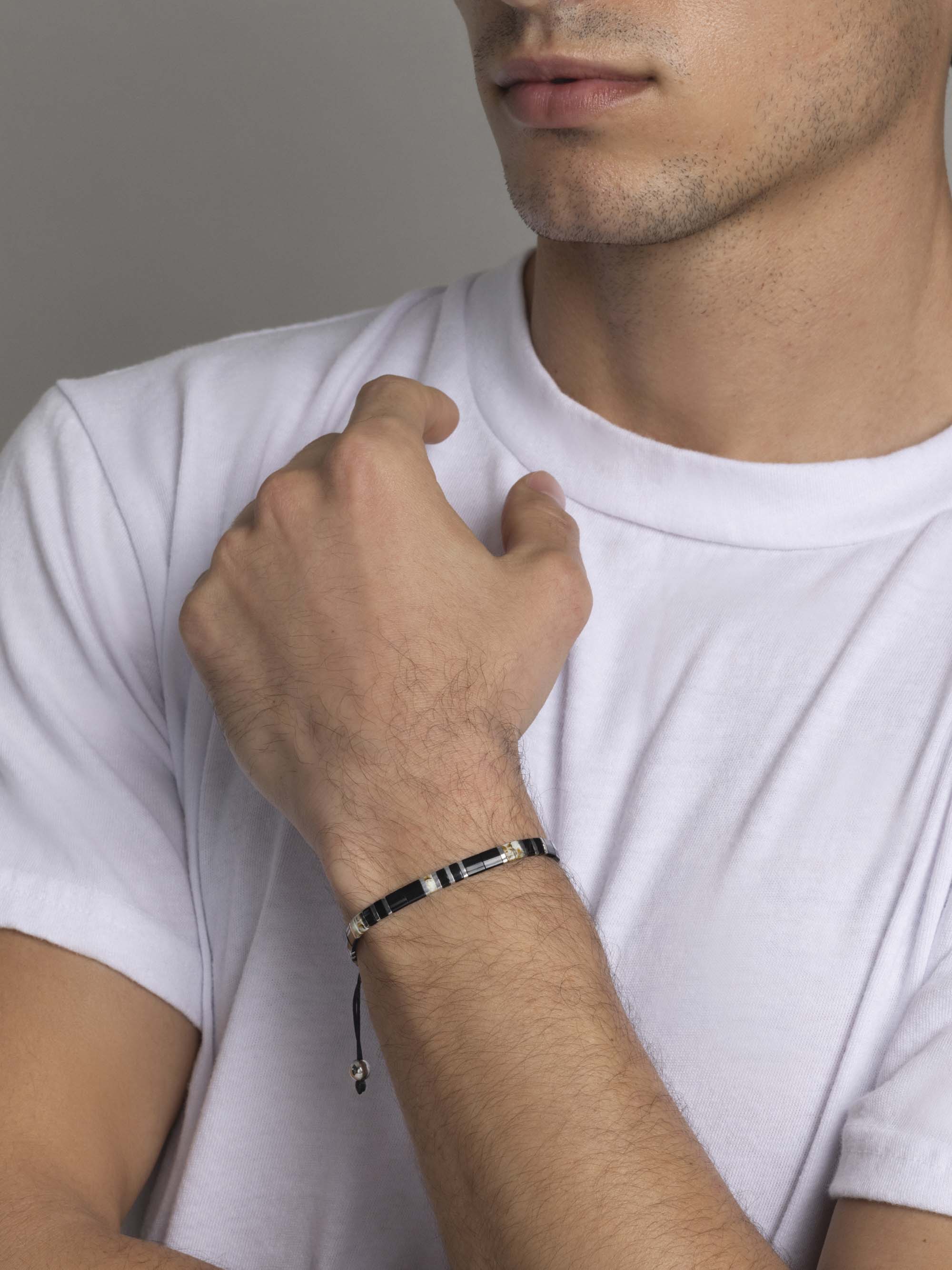 Men s Bracelet with Black White Marbled and Silver Miyuki Tila Beads L 18cm 7.1
