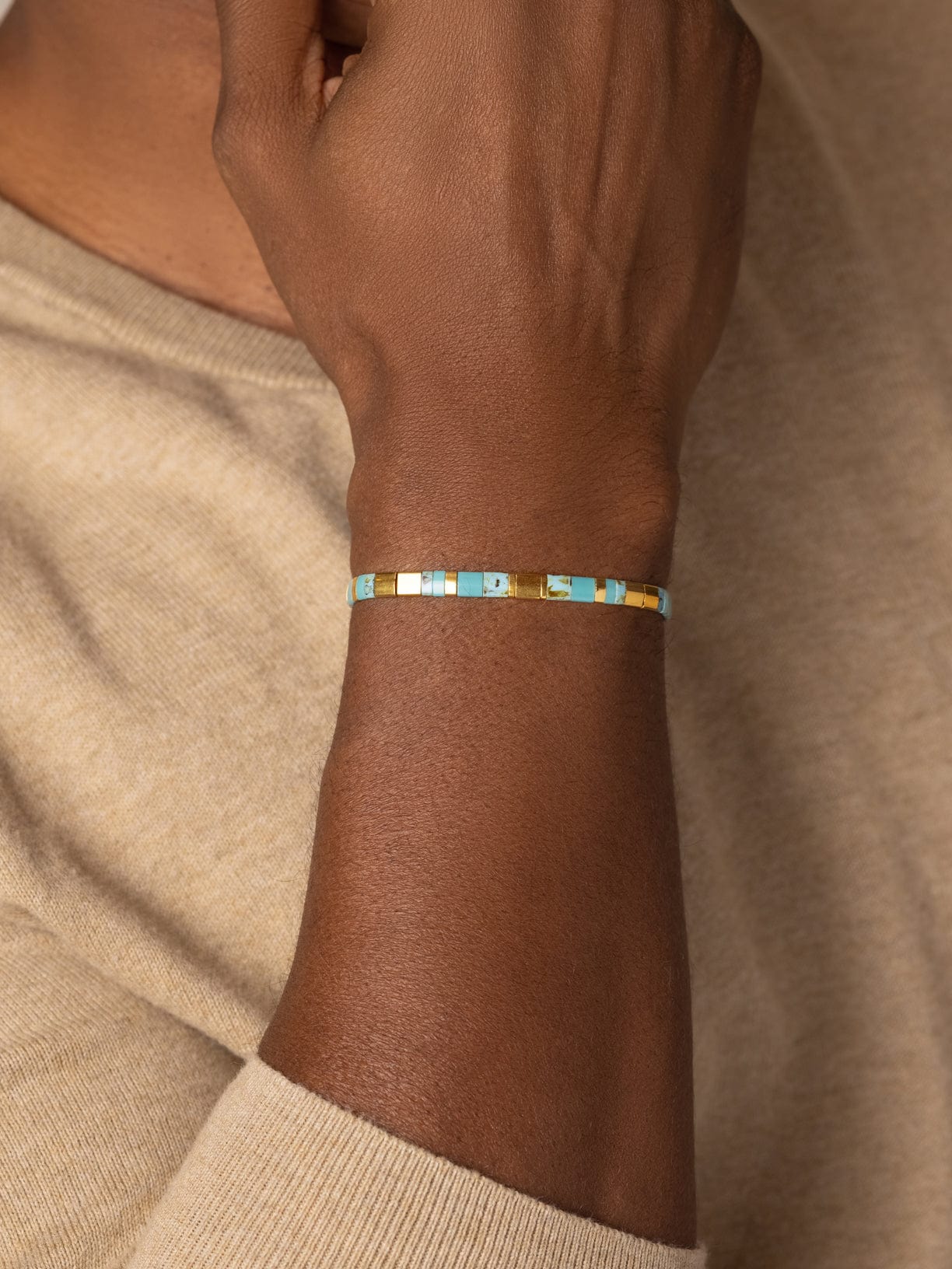 Nialaya Men's Beaded Bracelet Men's Bracelet with Marbled Turquoise and Gold Miyuki Tila Beads