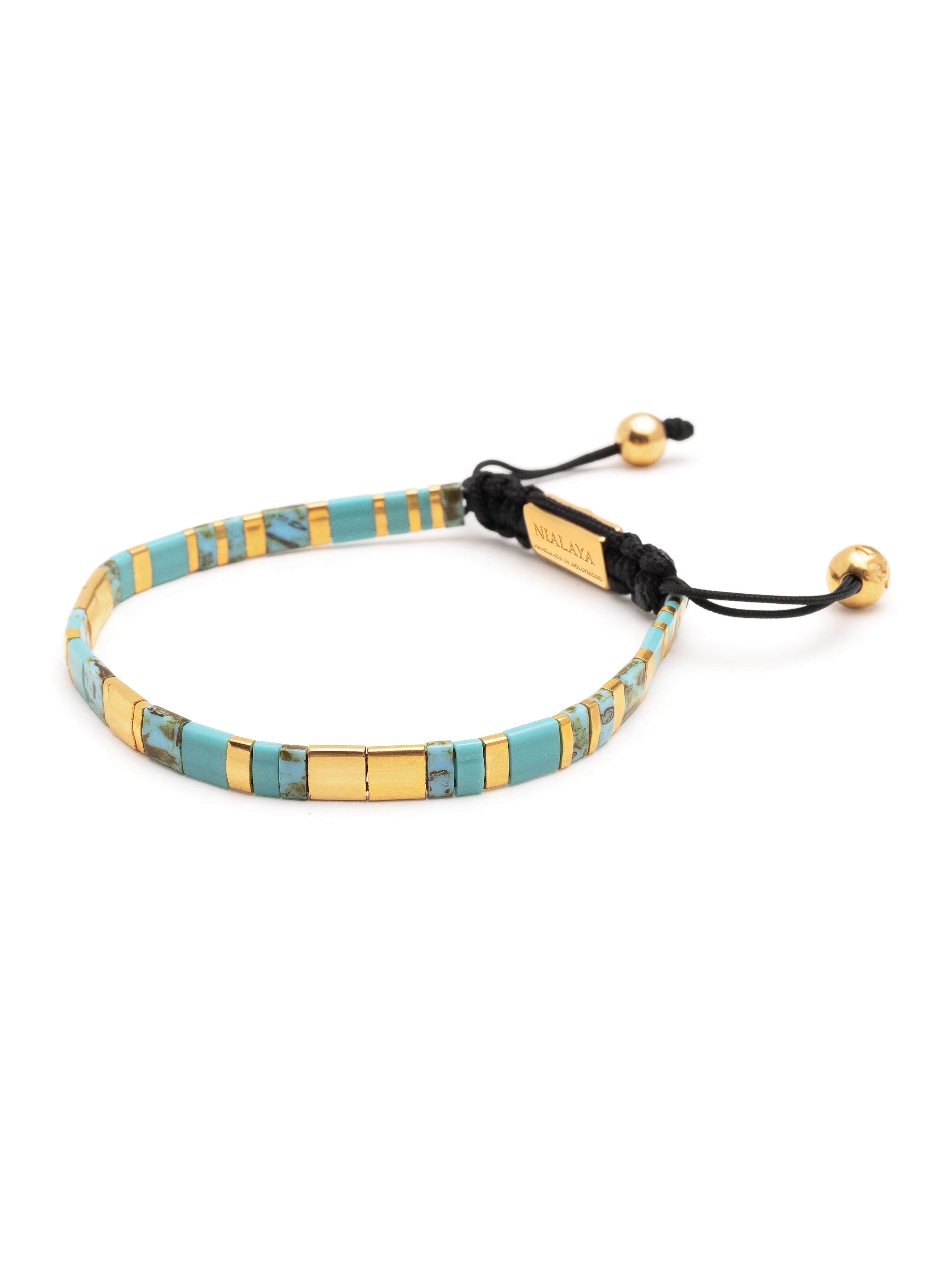 Nialaya Men's Beaded Bracelet Men's Bracelet with Marbled Turquoise and Gold Miyuki Tila Beads
