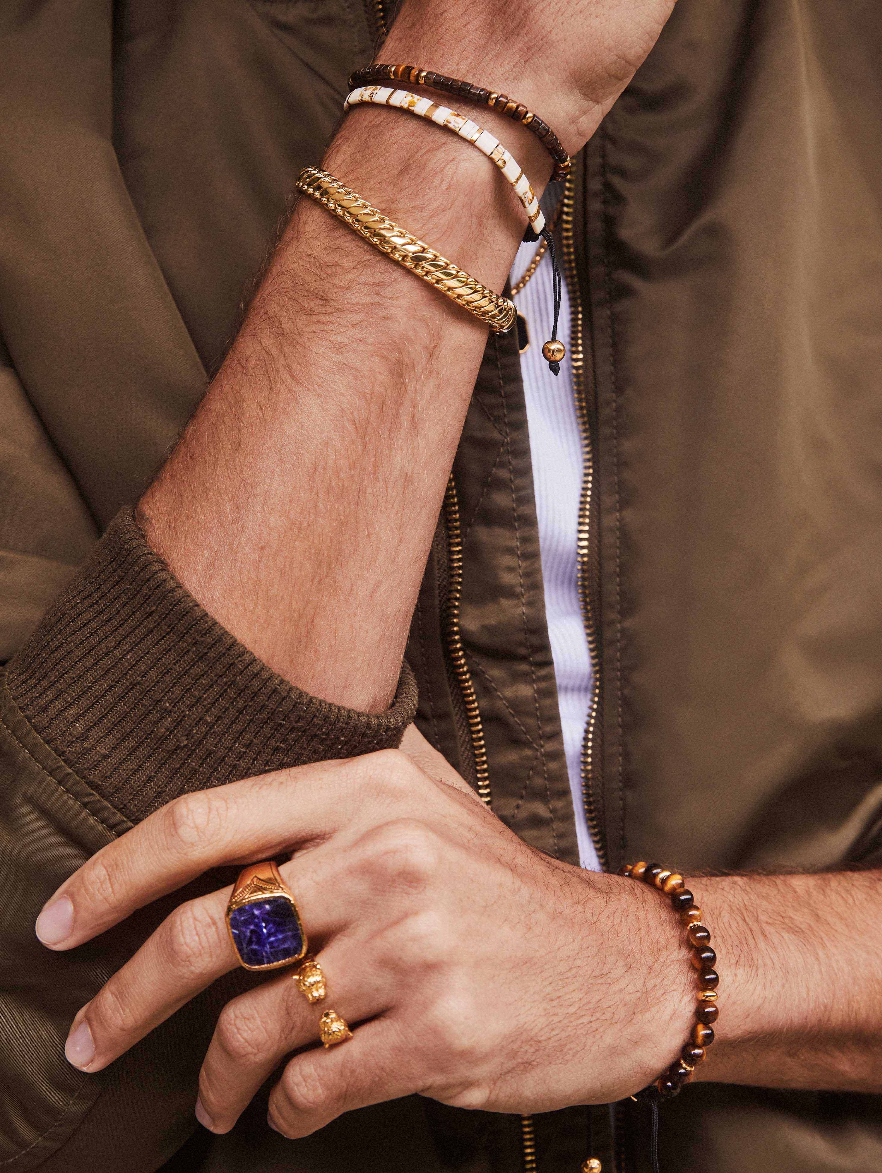 Nialaya Men's Beaded Bracelet Men's Bracelet with Marbled White and Gold Miyuki Tila Beads