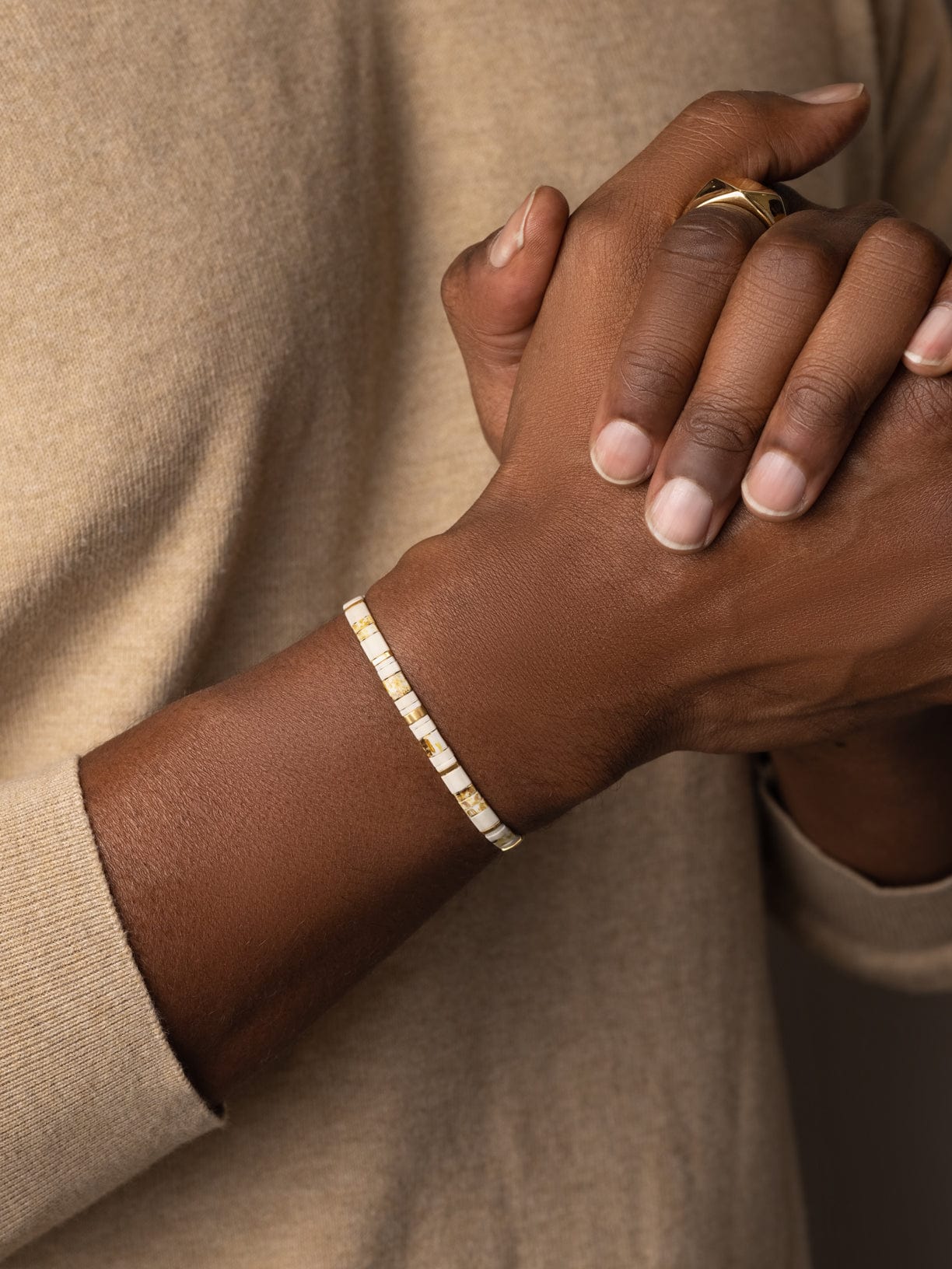 Nialaya Men's Beaded Bracelet Men's Bracelet with Marbled White and Gold Miyuki Tila Beads