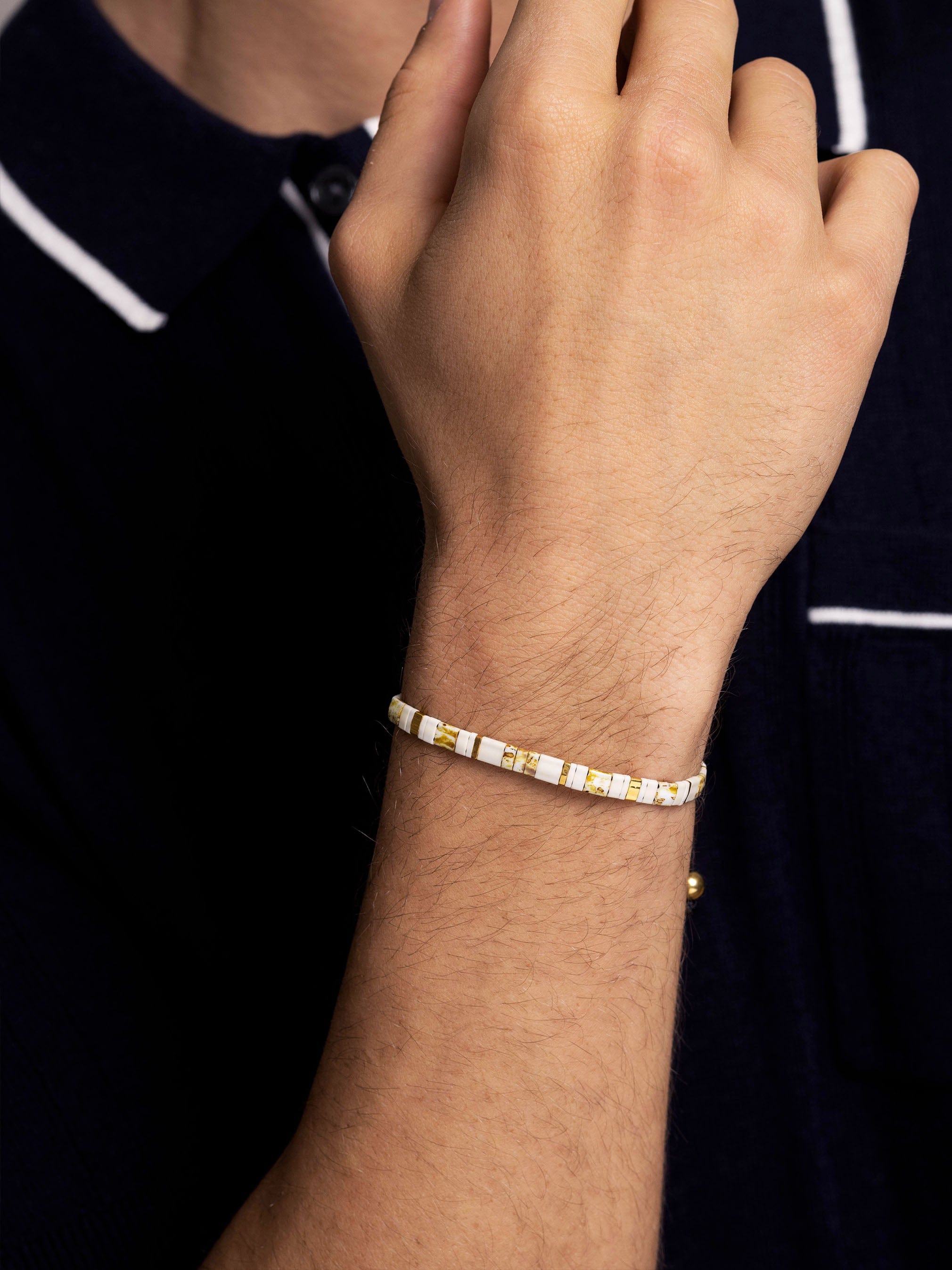 Nialaya Men's Beaded Bracelet Men's Bracelet with Marbled White and Gold Miyuki Tila Beads