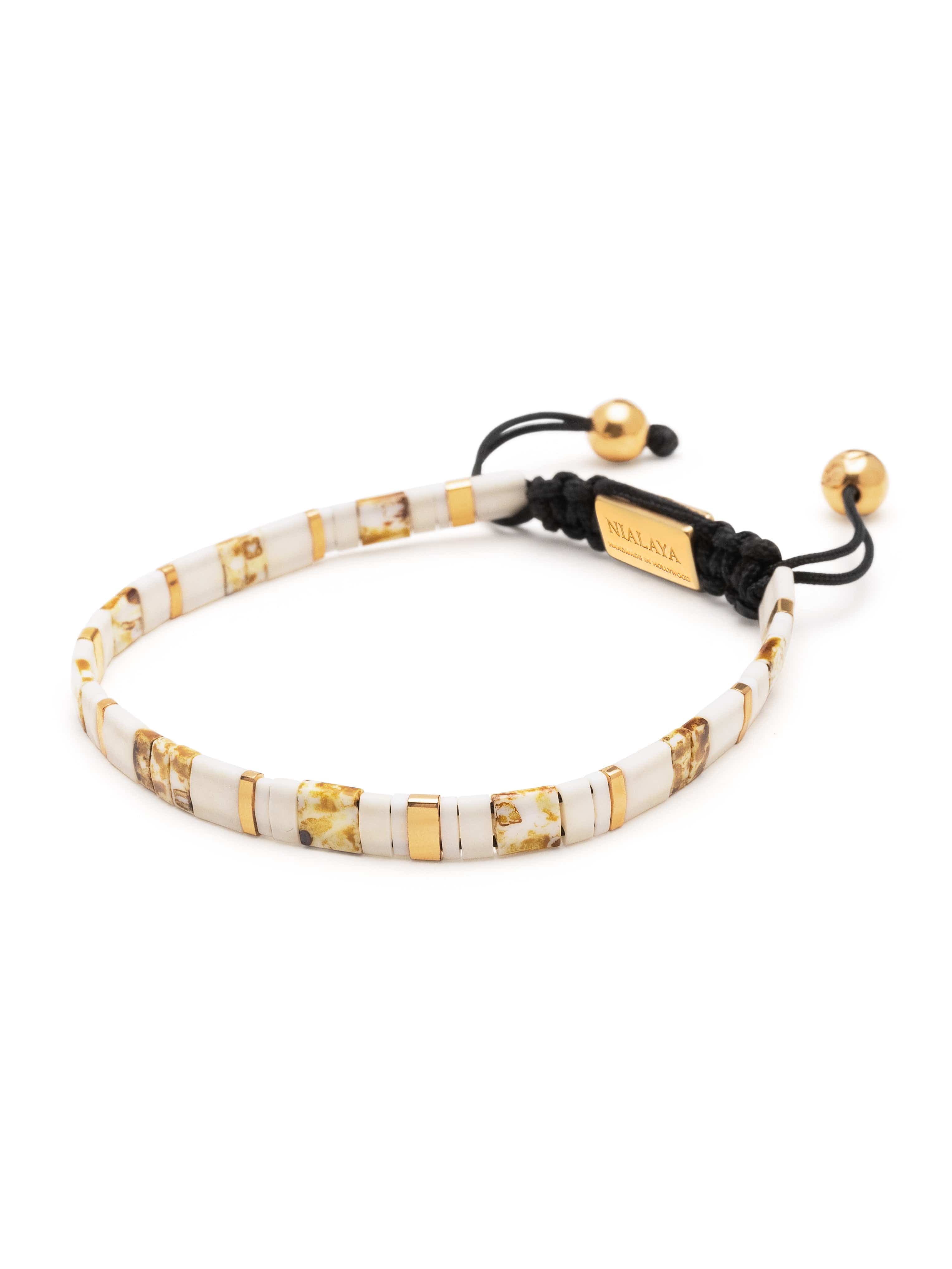 Nialaya Men's Beaded Bracelet Men's Bracelet with Marbled White and Gold Miyuki Tila Beads