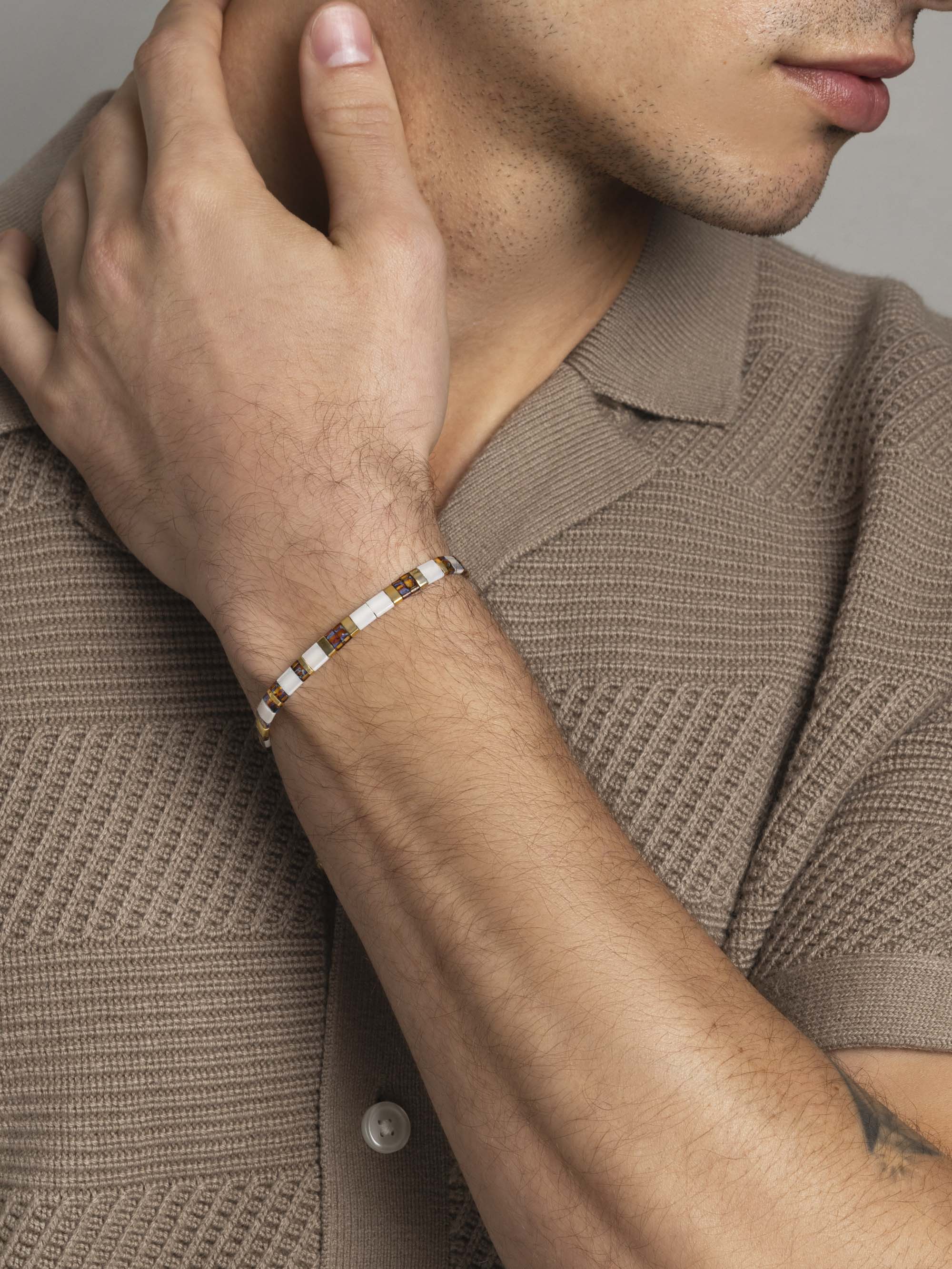 Mens white beaded bracelet on sale