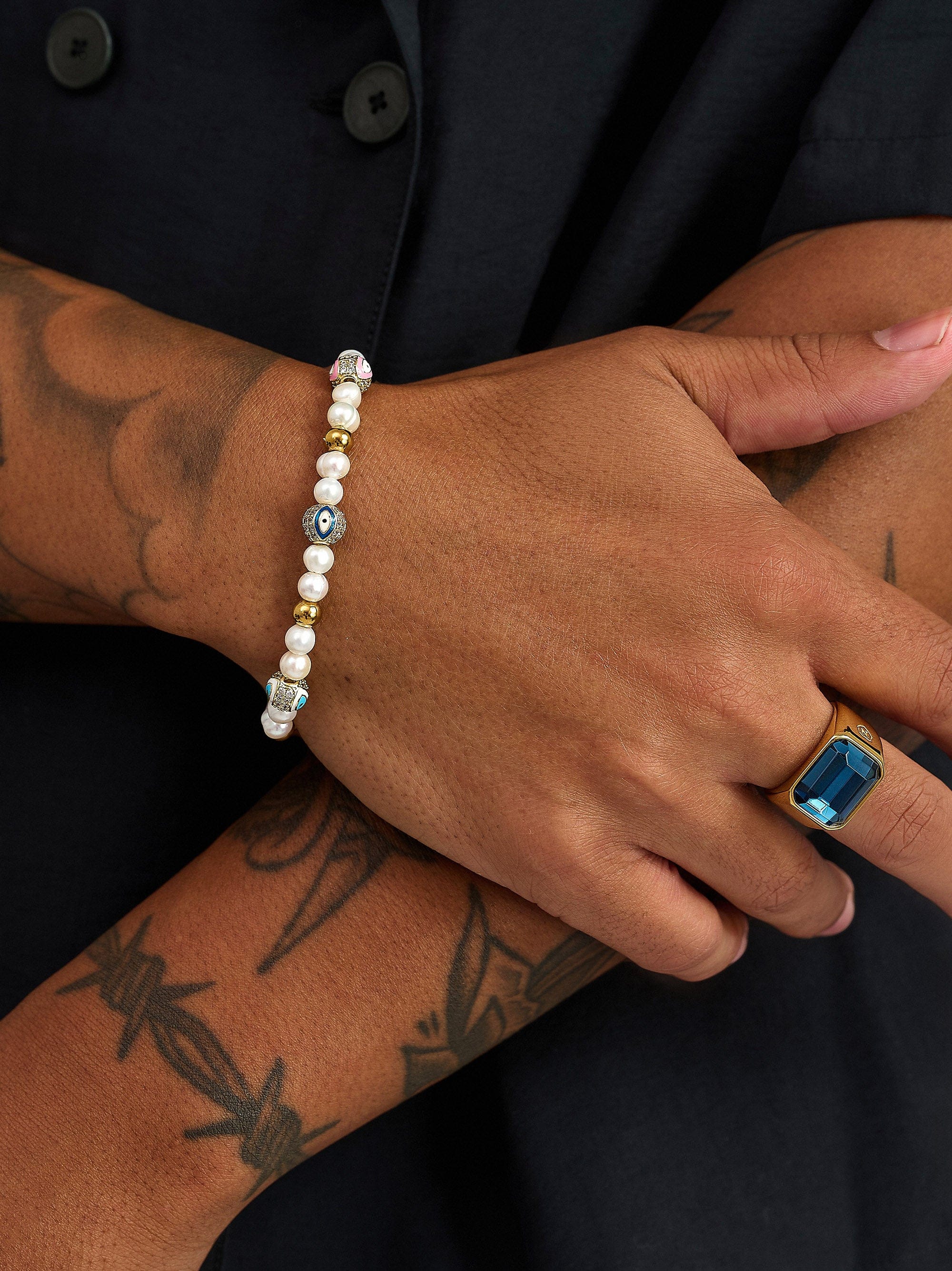 Nialaya Men's Beaded Bracelet Men's Evil Eye Pearl Bracelet Men's Evil Eye Pearl Bracelet