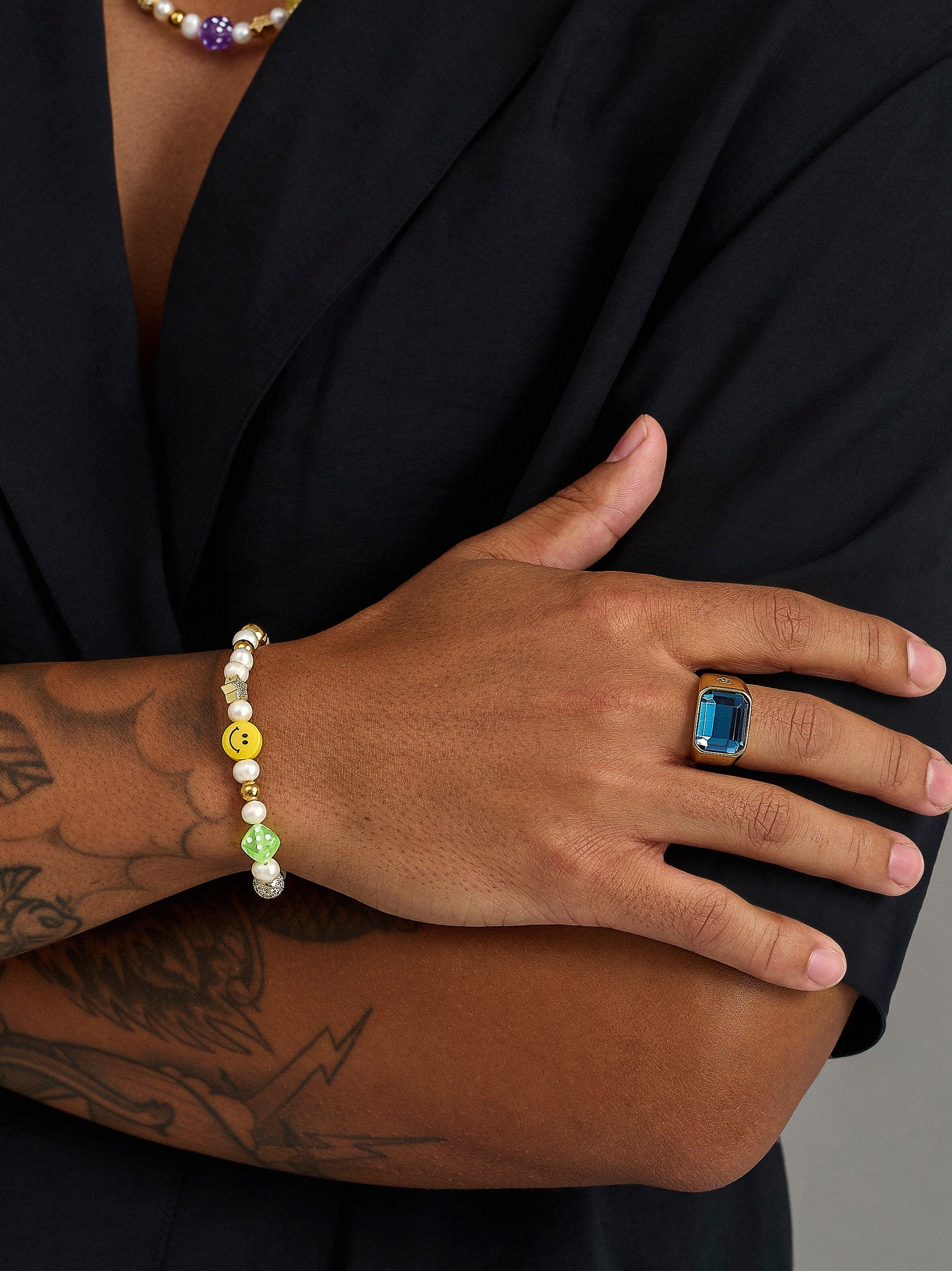 Nialaya Men's Beaded Bracelet Men's Pair of Dice Pearl Bracelet Men's Pair of Dice Pearl Bracelet