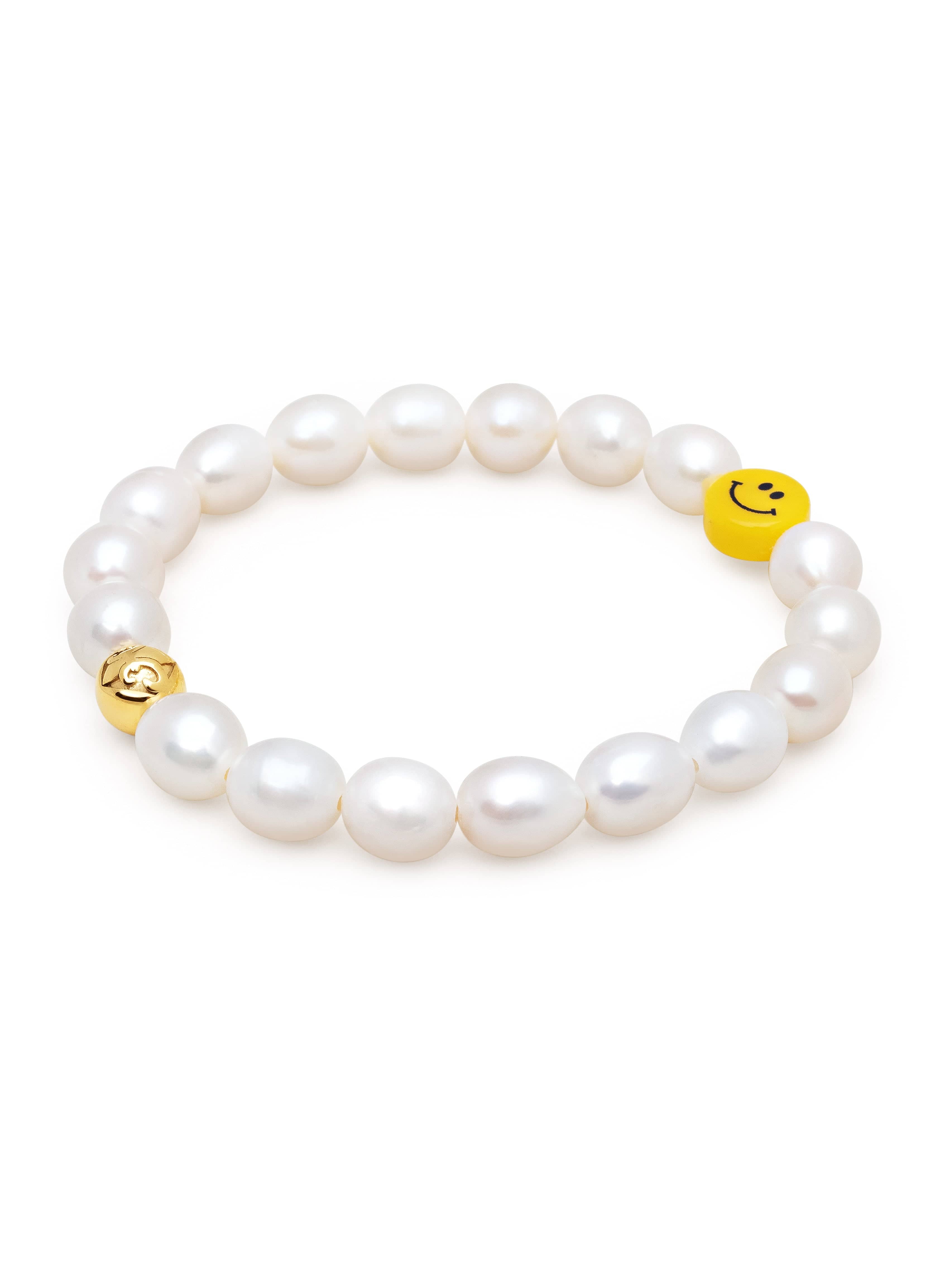 Nialaya Men's Beaded Bracelet Men's Pearl Bracelet with Smiley