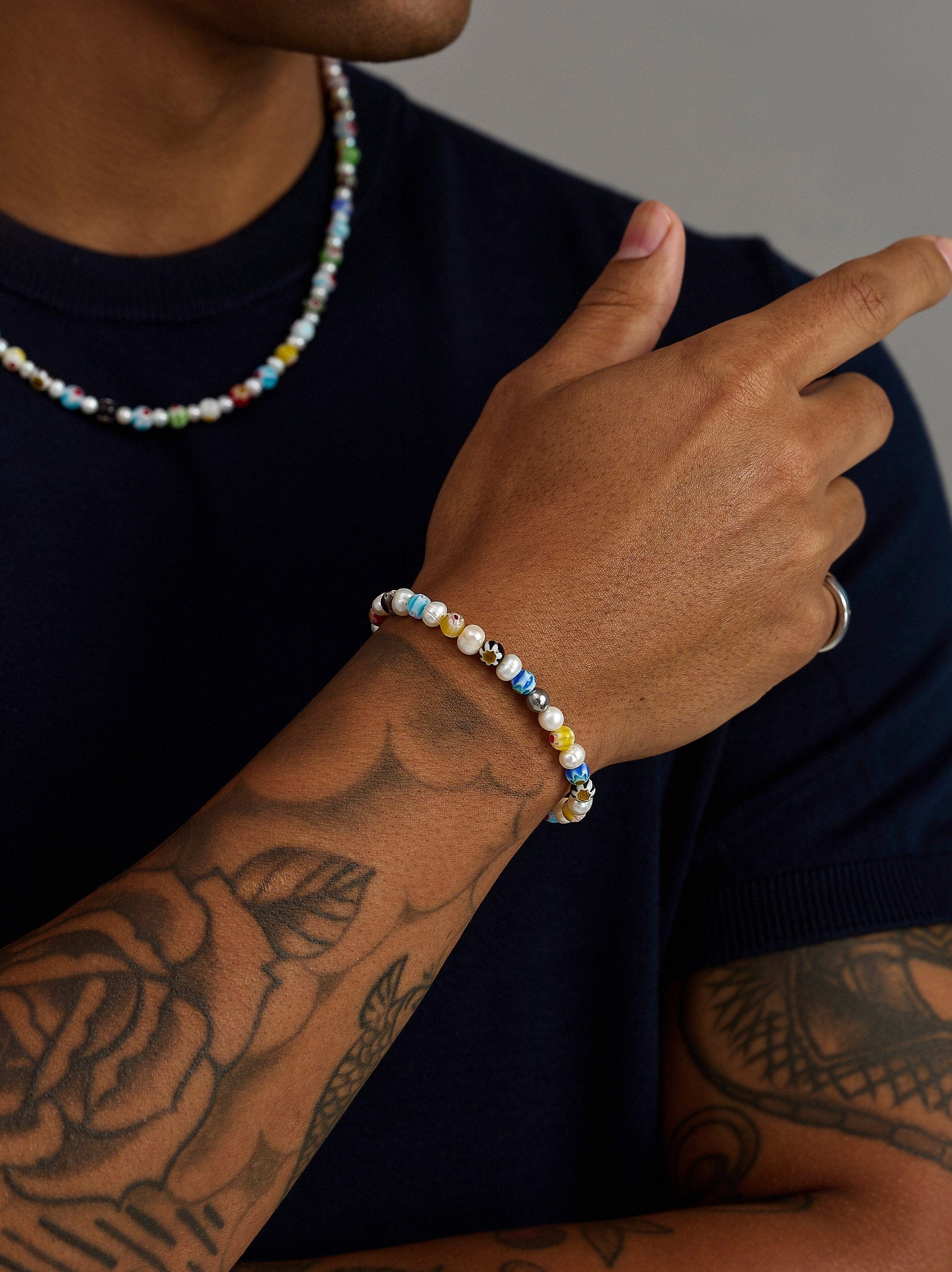Nialaya Men's Beaded Bracelet Men's Pearl Wristband with Hand-Painted Glass Beads Men's Pearl Wristband with Hand-Painted Glass Beads