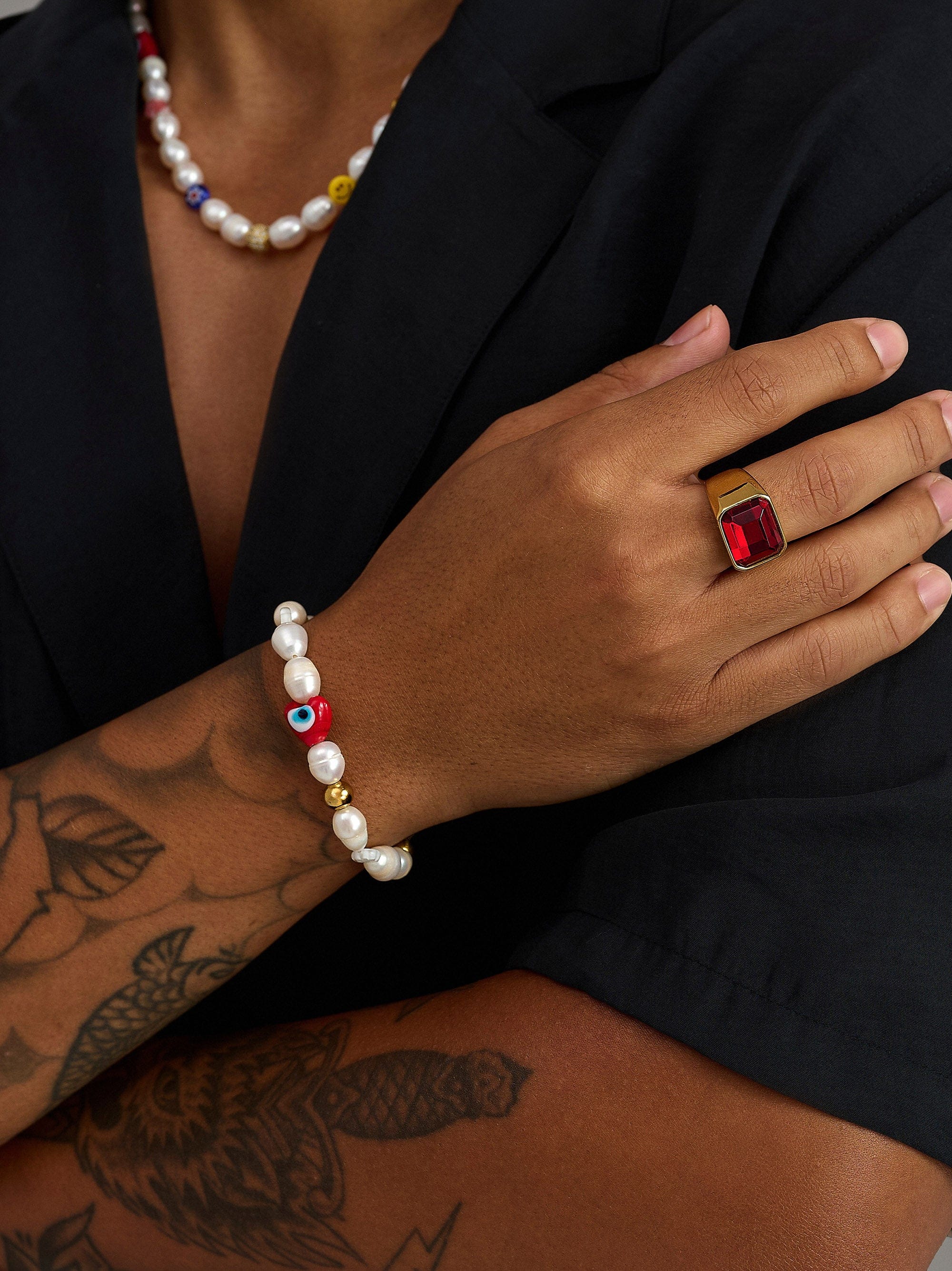 Nialaya Men's Beaded Bracelet Men's Smiley Face Pearl Bracelet Men's Smiley Face Pearl Bracelet