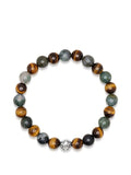Nialaya Men's Beaded Bracelet Men's Wristband with Aquatic Agate, Brown Tiger Eye and Silver