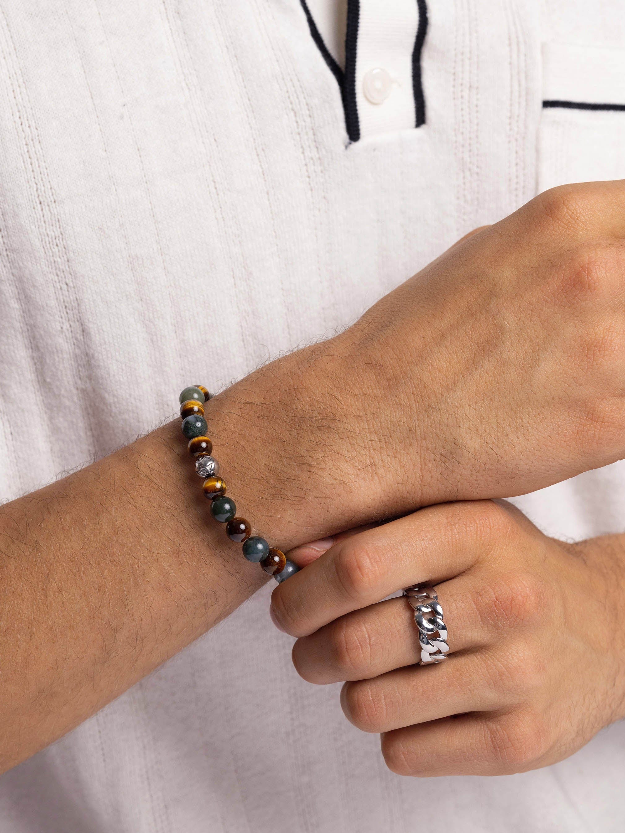 Nialaya Men's Beaded Bracelet Men's Wristband with Aquatic Agate, Brown Tiger Eye and Silver
