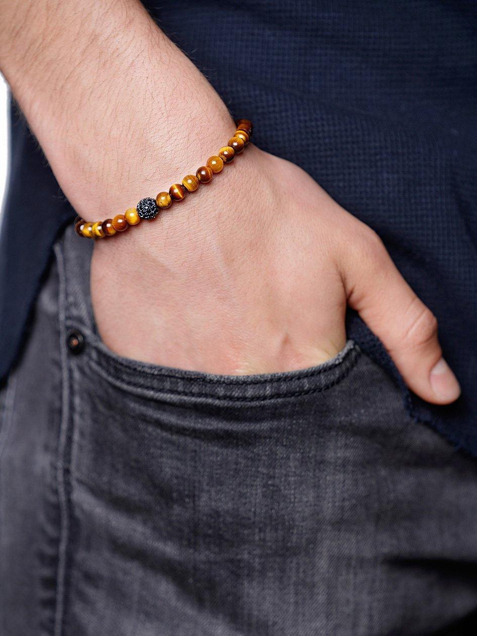Nialaya Men's Beaded Bracelet Men's Wristband with Brown Tiger Eye and Black CZ Diamond