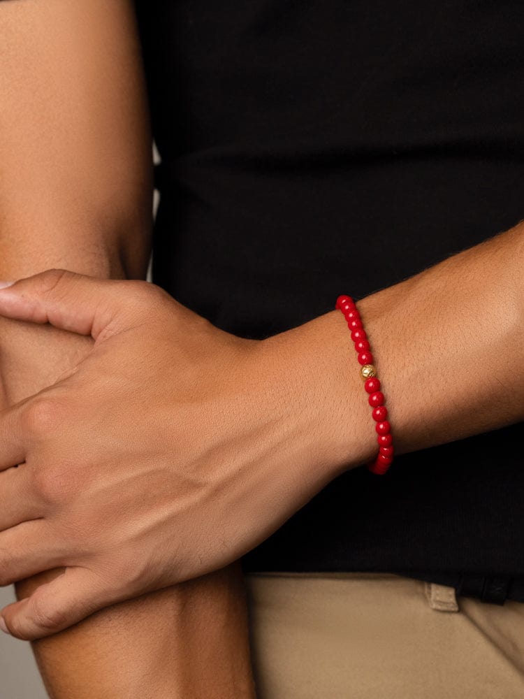 Nialaya Men's Beaded Bracelet Men's Wristband with Red Jade and Gold