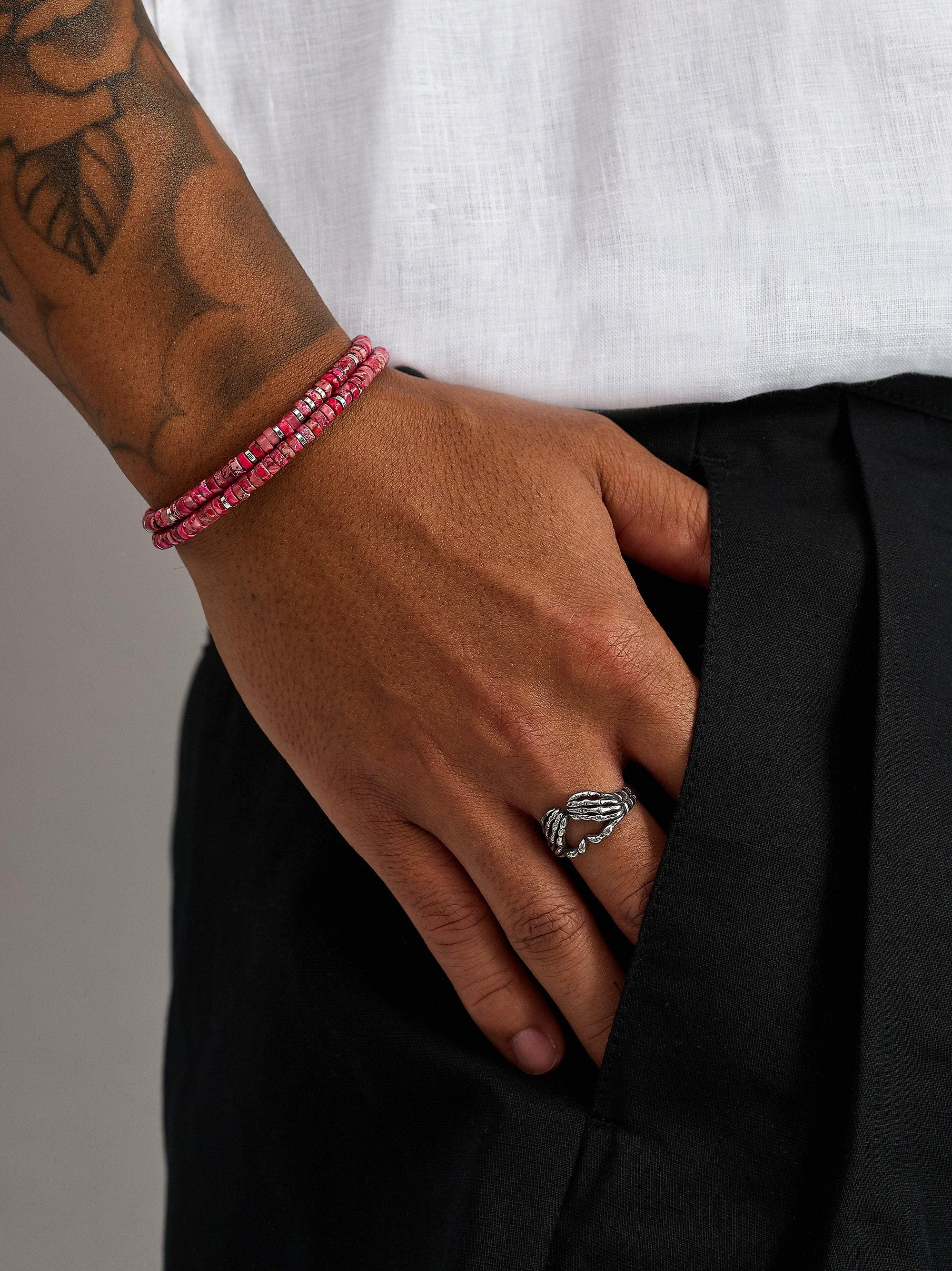 Nialaya Men's Beaded Bracelet Red Howlite Heishi Wrap Bracelet with Silver Red Howlite Heishi Wrap Bracelet with Silver