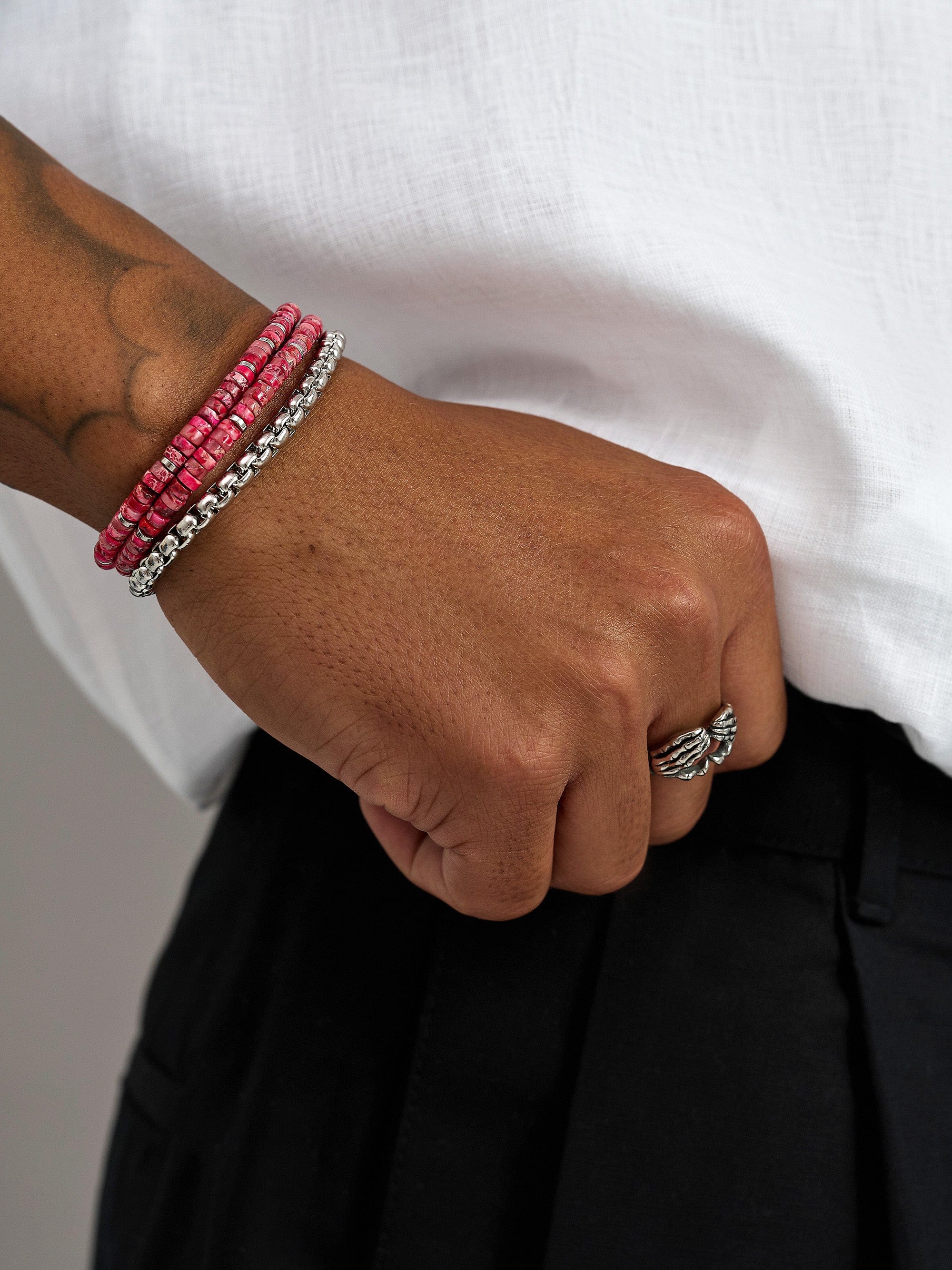 Nialaya Men's Beaded Bracelet Red Howlite Heishi Wrap Bracelet with Silver Red Howlite Heishi Wrap Bracelet with Silver