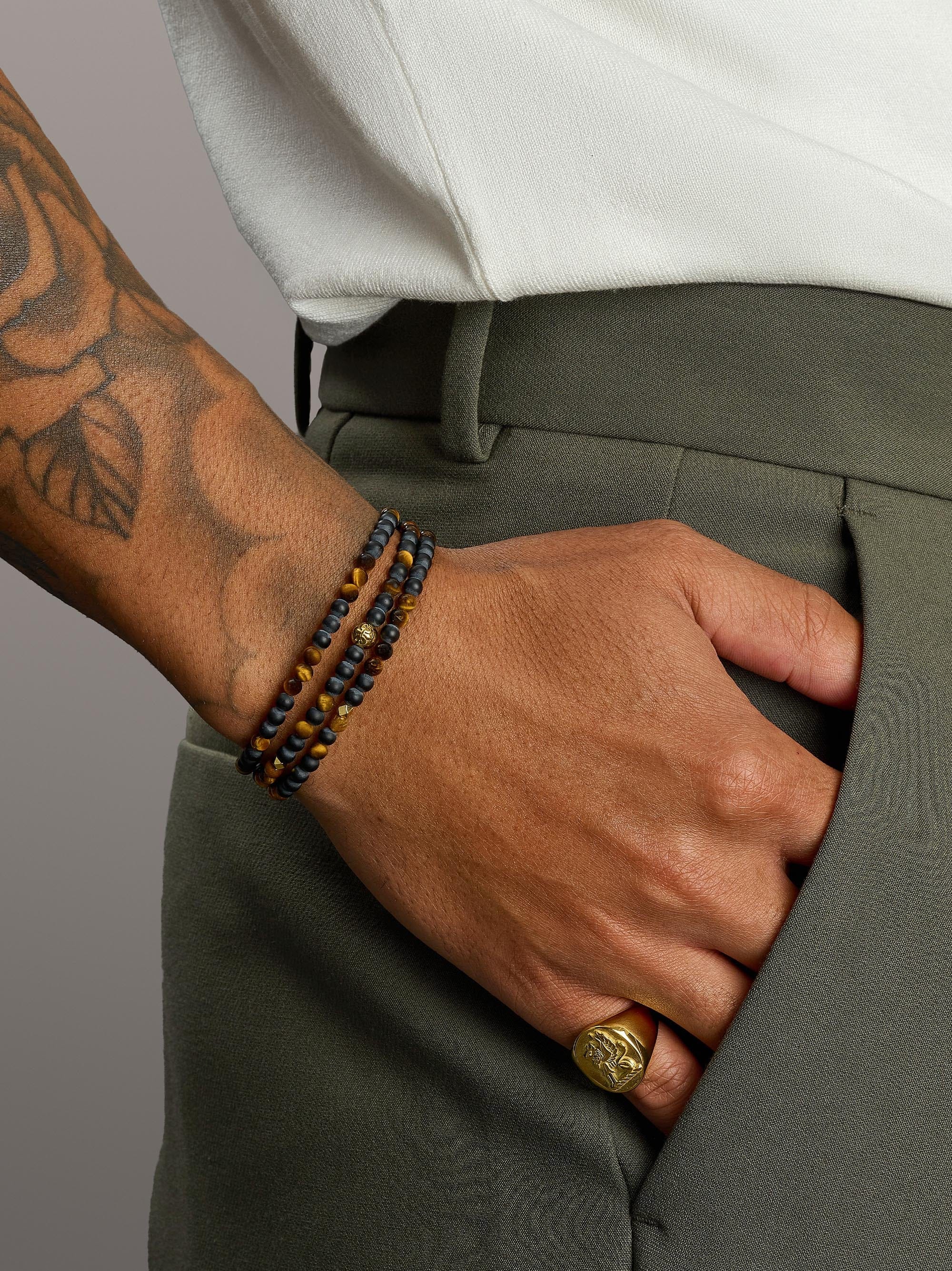 Nialaya Men's Beaded Bracelet The Mykonos Collection - Brown Tiger Eye, Matte Onyx, and Gold The Mykonos Collection - Brown Tiger Eye, Matte Onyx, and Gold