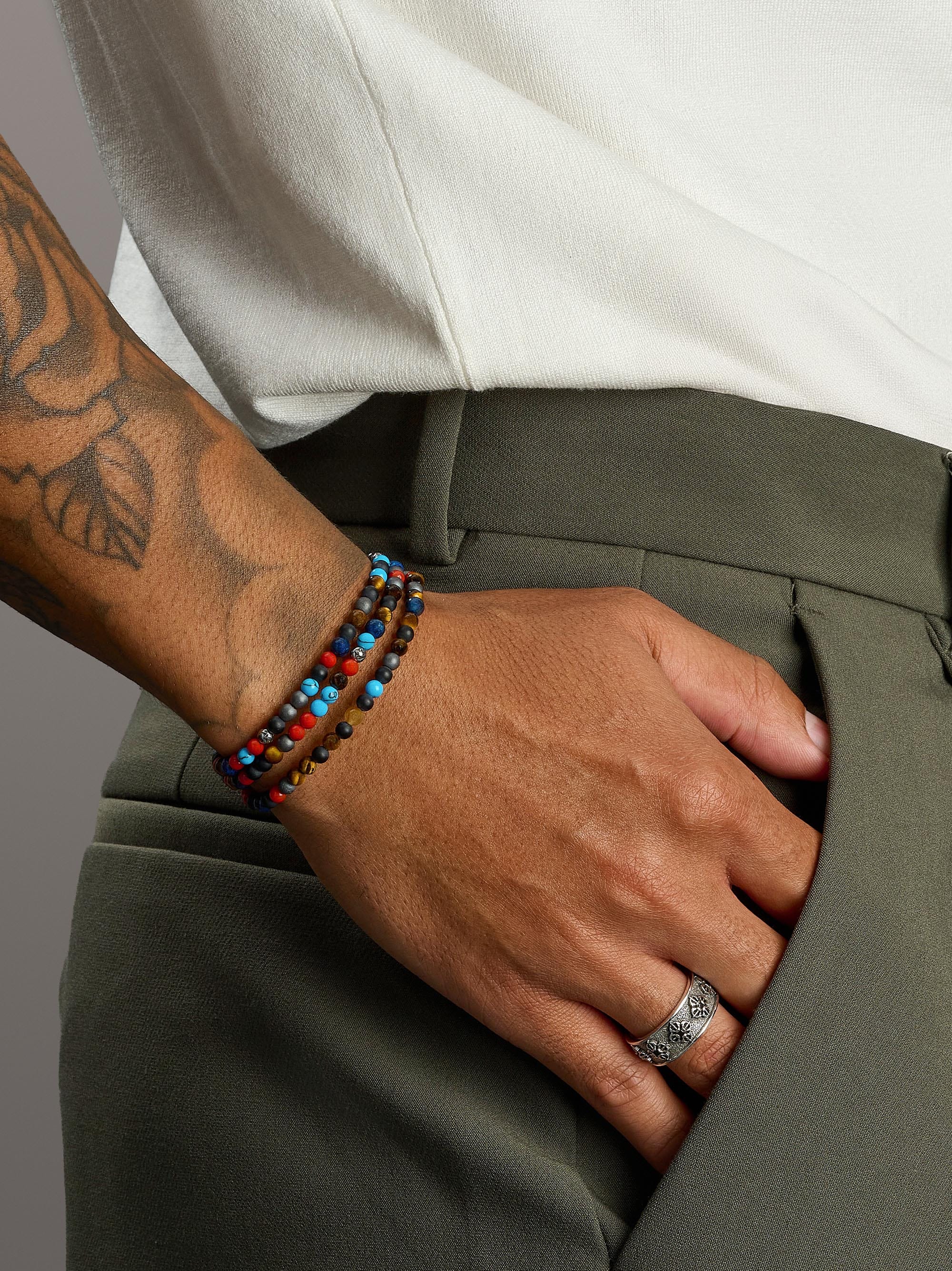 Nialaya Men's Beaded Bracelet The Mykonos Collection - Turquoise, Red Glass Beads, Blue Lapis, Hematite, and Onyx The Mykonos Collection - Turquoise, Red Glass Beads, Blue Lapis, Hematite, and Onyx