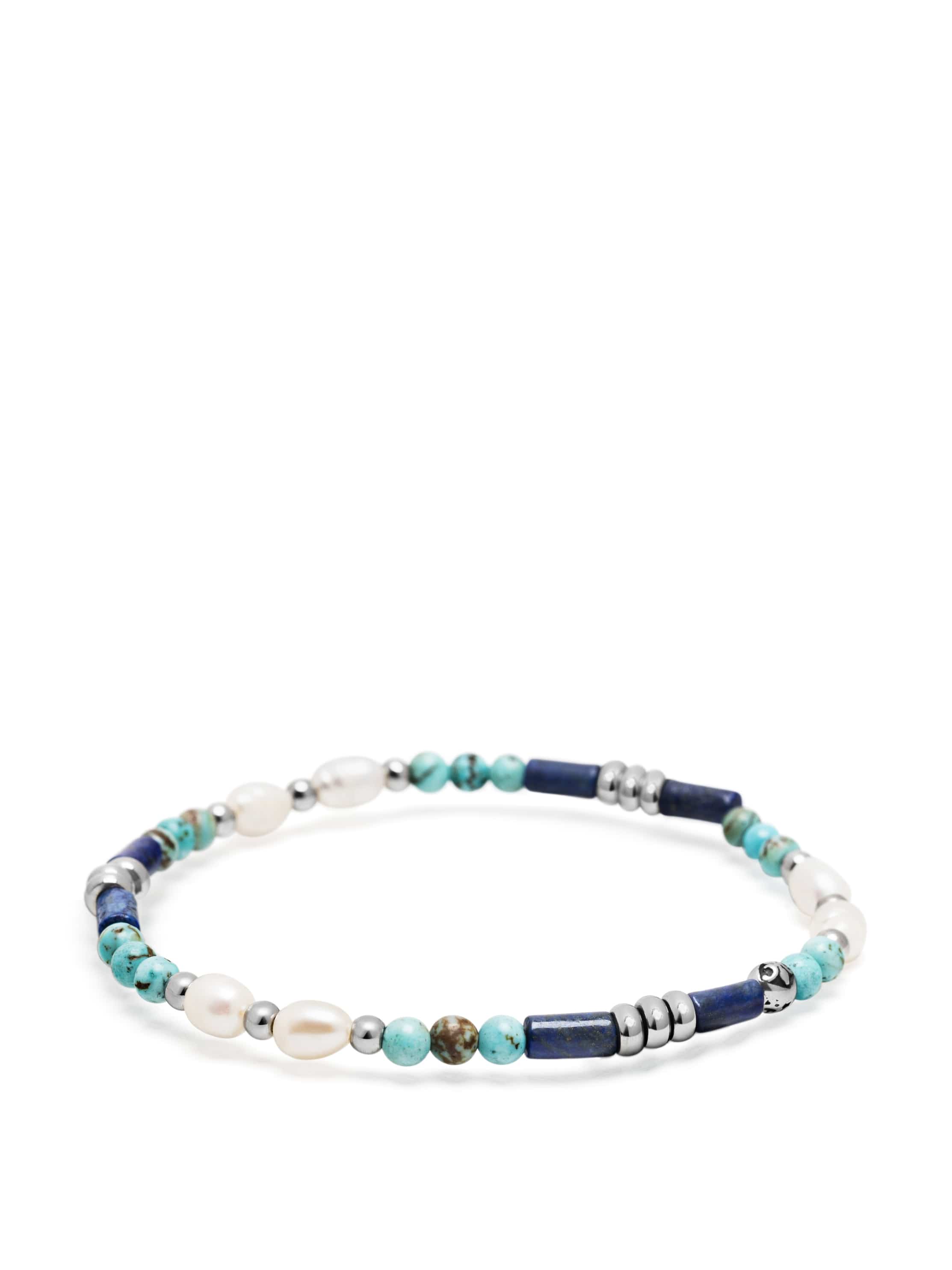Nialaya Men's Beaded Bracelet Turquoise, Lapis & Pearl Gemstone Beaded Bracelet Turquoise, Lapis & Pearl Gemstone Beaded Bracelet