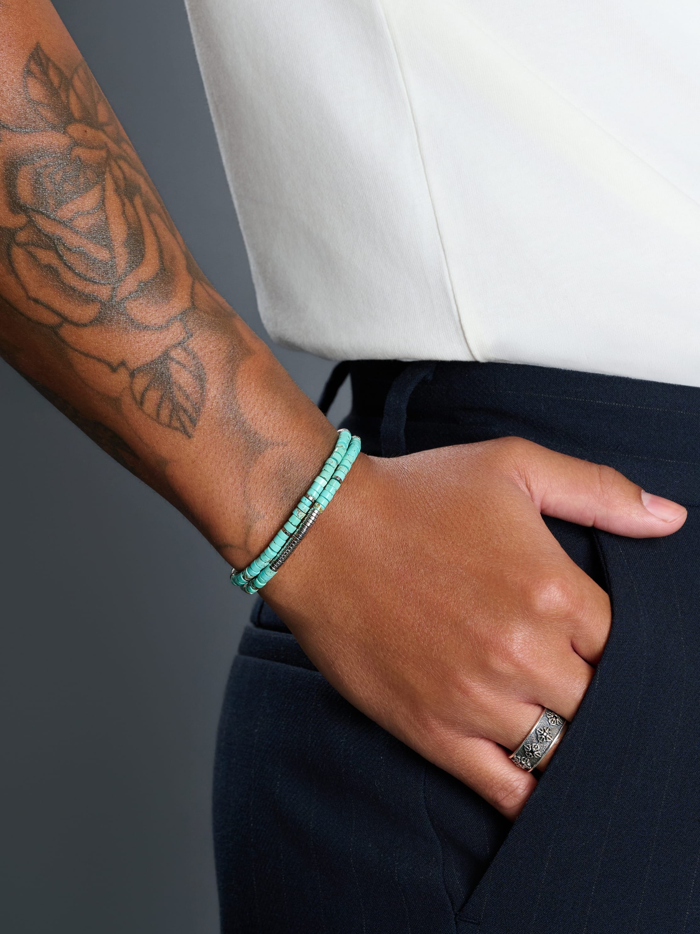 Nialaya Men's Beaded Bracelet Turquoise & Silver Heishi Wrap Bracelet Turquoise & Silver Heishi Wrap Bracelet