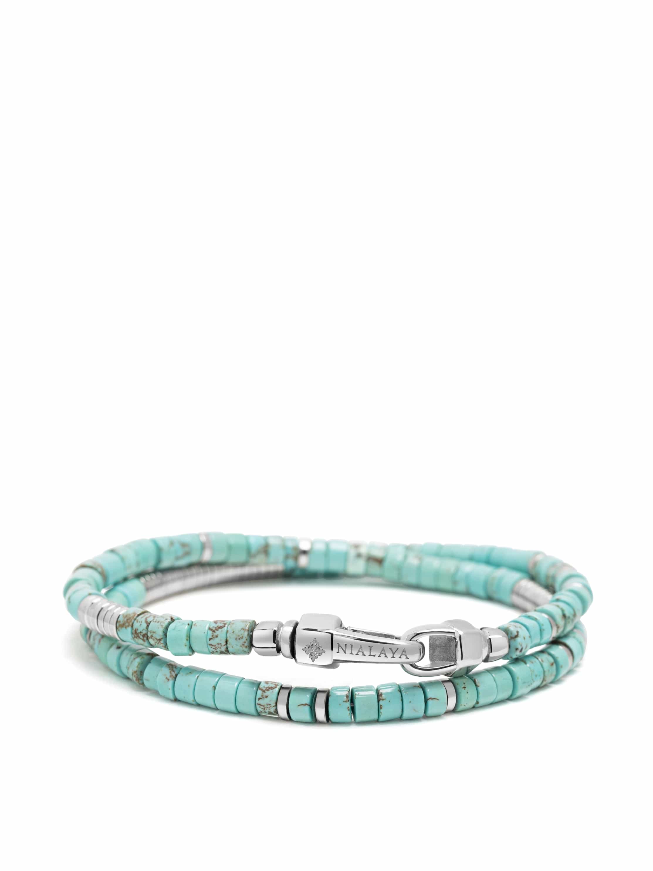 Nialaya Men's Beaded Bracelet Turquoise & Silver Heishi Wrap Bracelet Turquoise & Silver Heishi Wrap Bracelet