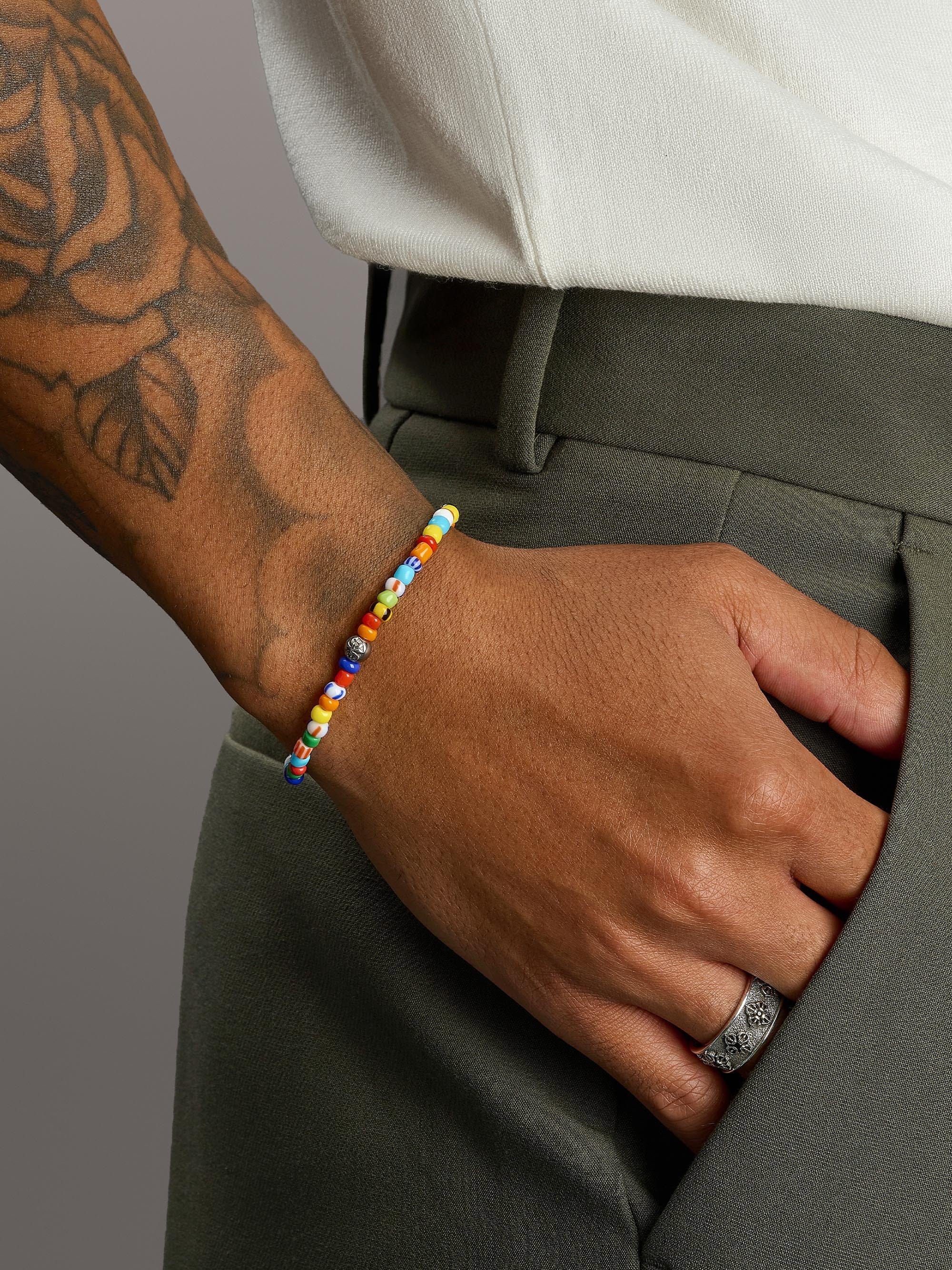 Nialaya Men's Beaded Bracelet Wristband with Assorted Vintage Trifocal Beads and Silver Wristband with Assorted Vintage Trifocal Beads and Silver