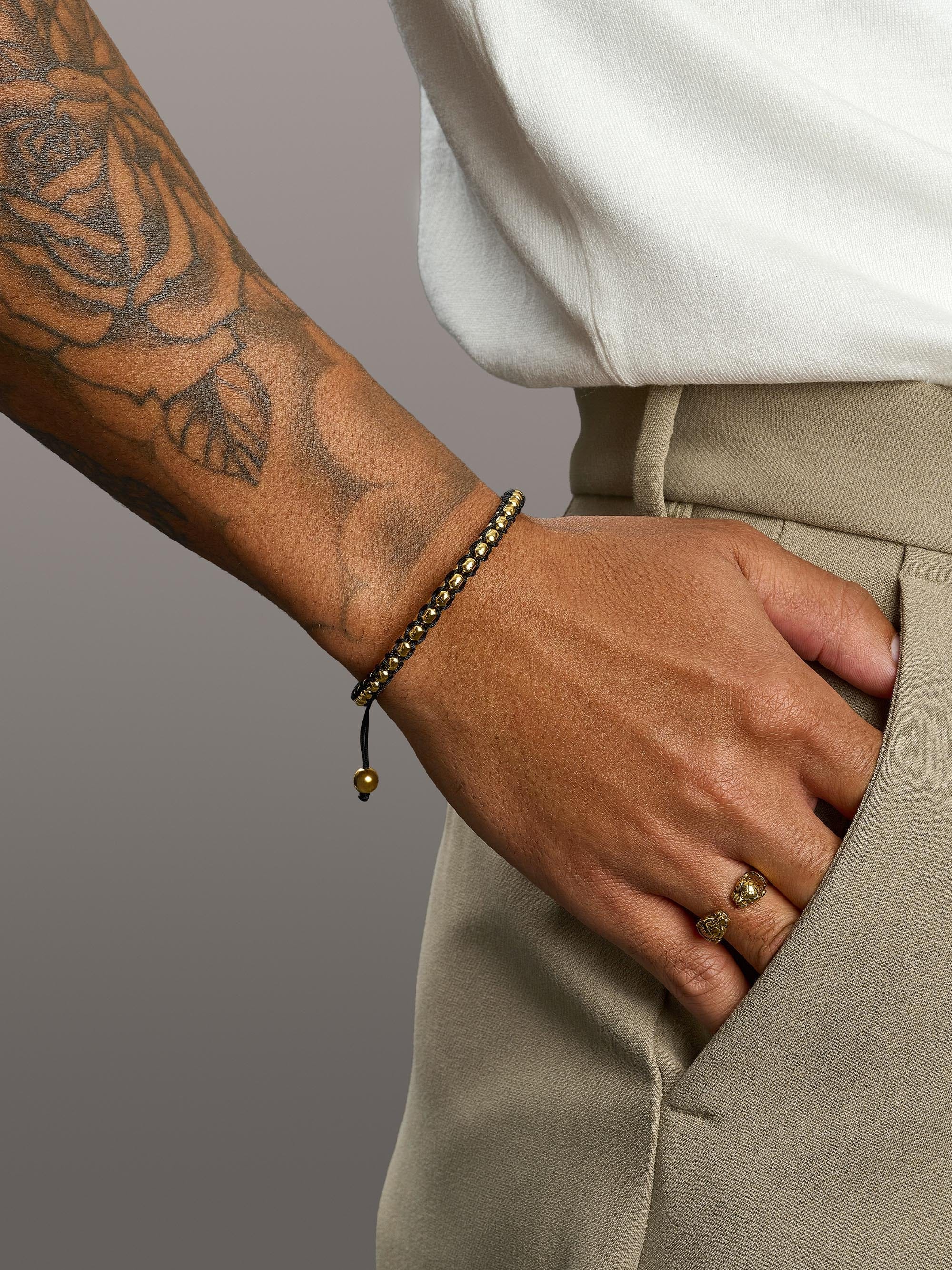 Nialaya Men's Bracelet Black String Box Chain Bracelet in Gold Black String Box Chain Bracelet in Gold