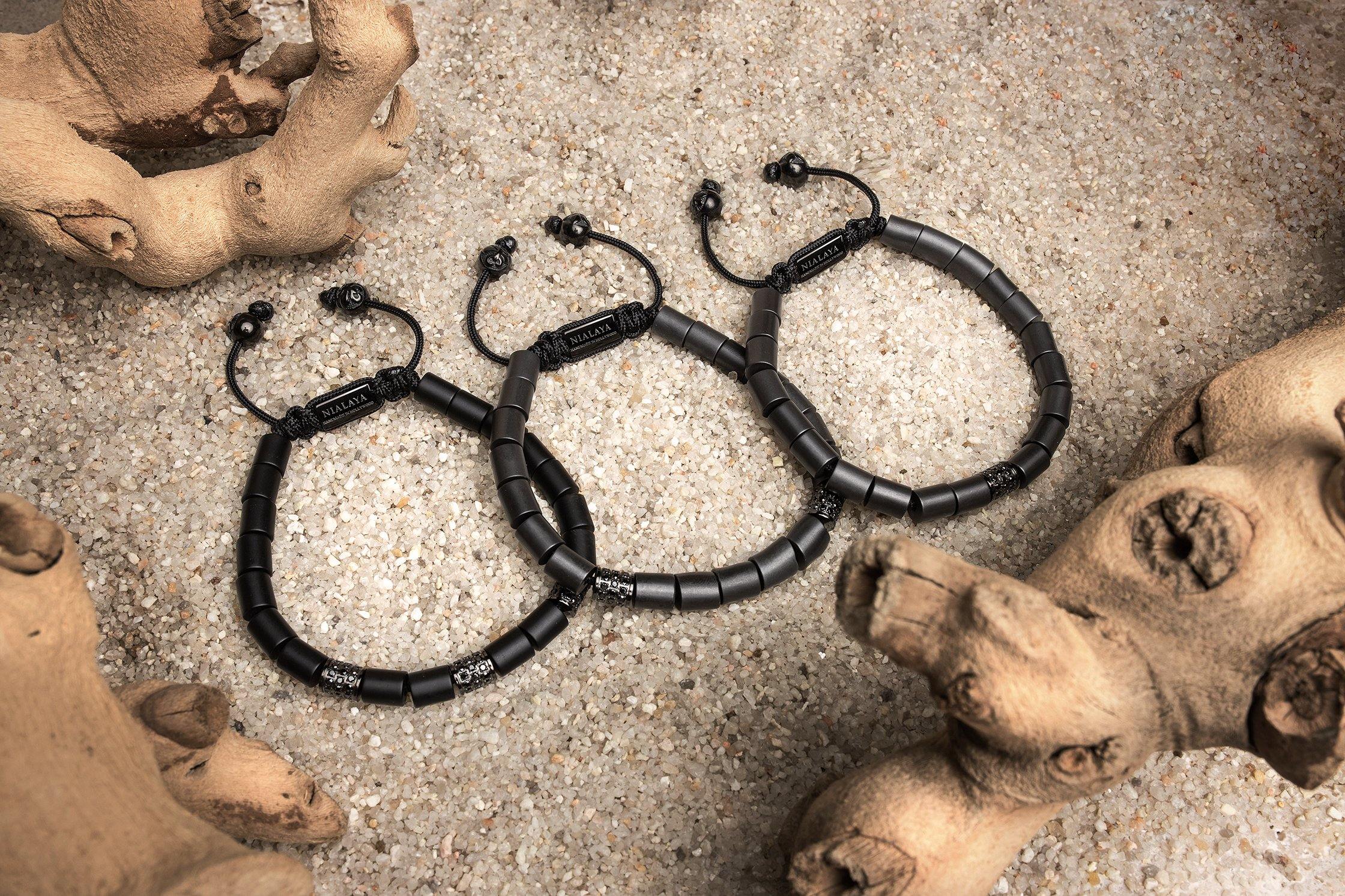 Nialaya Men's Bracelet Men's Beaded Bracelet with Matte Hematite and Single Hand Carved Black Tube Bead with Black CZ Diamonds