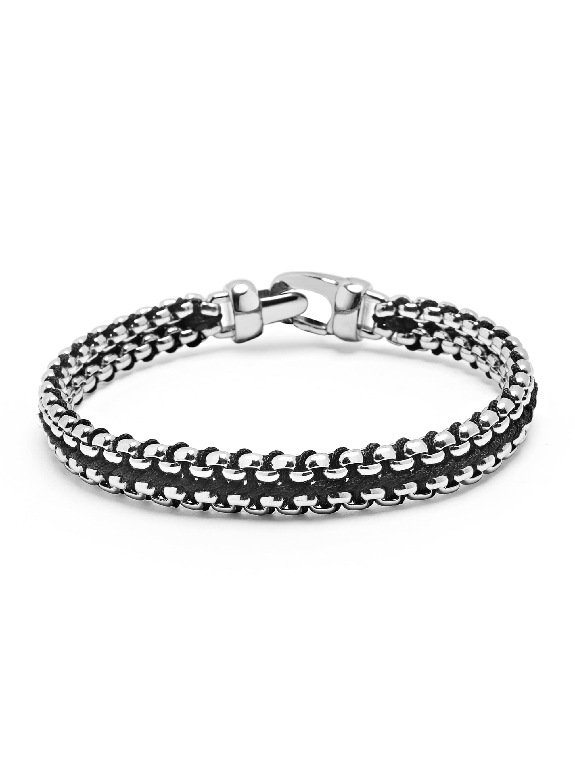 Nialaya Men's Bracelet Men's Black Woven 8 mm Box Chain Bracelet in Silver Men's Black Woven 8 mm Box Chain Bracelet in Silver