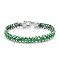 Men's Green Woven 8mm Box Chain Bracelet in Silver
