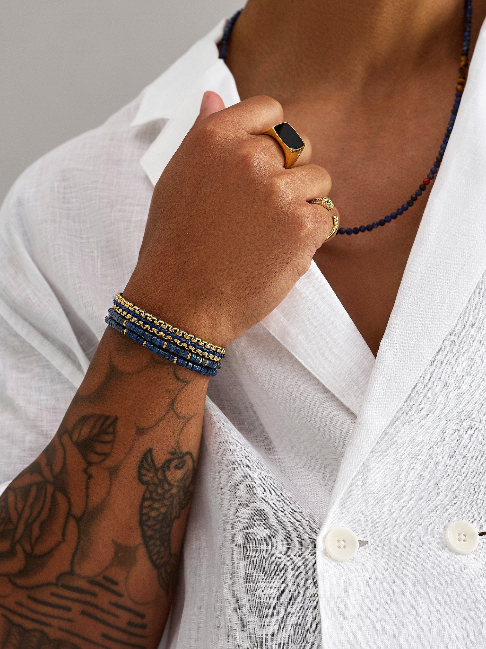 Nialaya Men's Bracelet Navy Woven Box Chain Bracelet in Gold Navy Woven Box Chain Bracelet in Gold