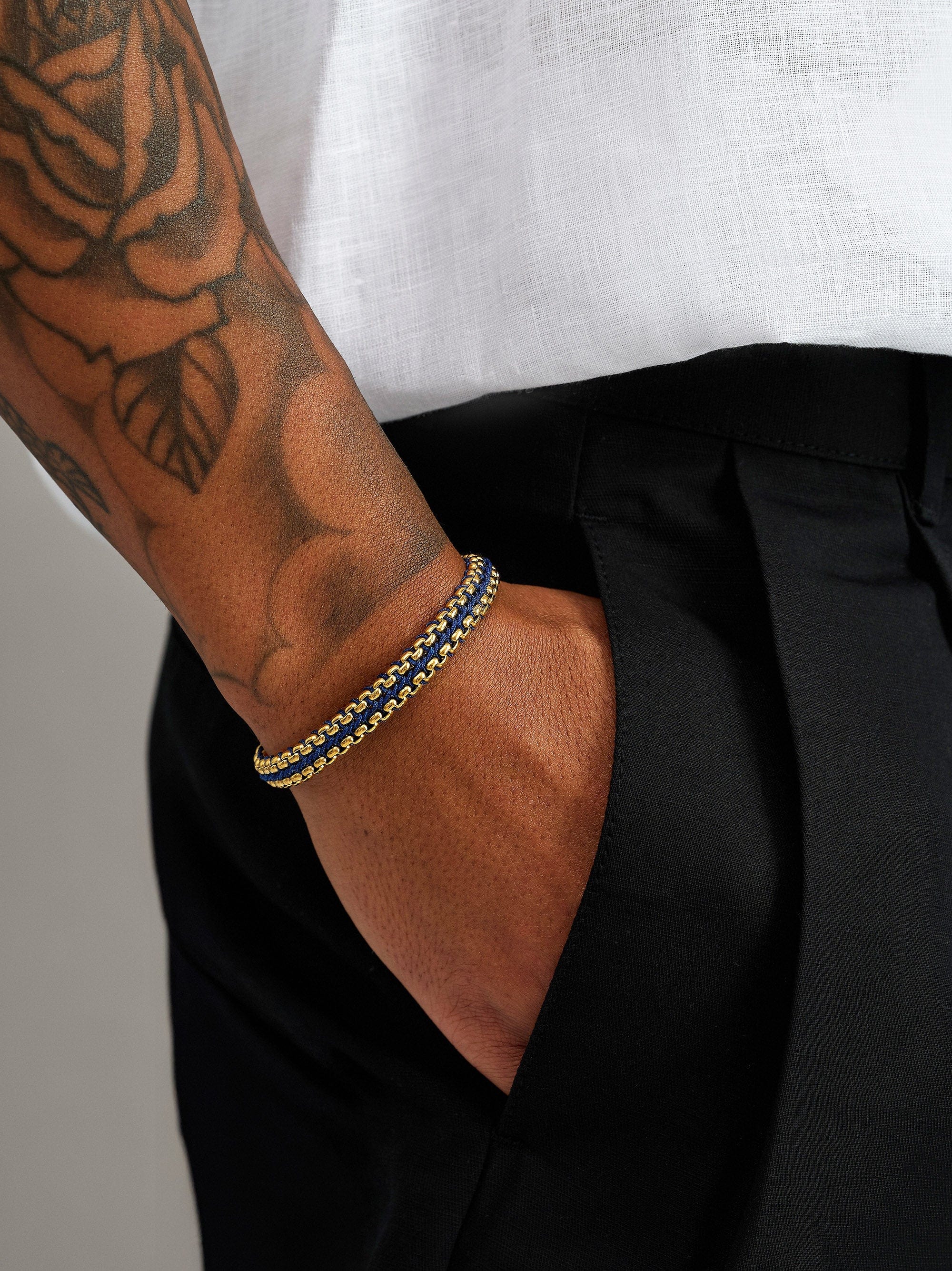 Nialaya Men's Bracelet Navy Woven Box Chain Bracelet in Gold Navy Woven Box Chain Bracelet in Gold
