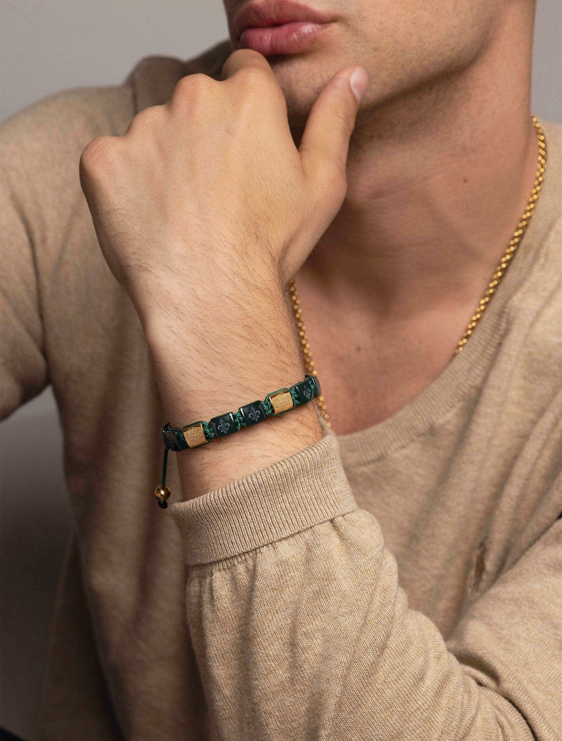 Nialaya Men's Flatbead Bracelet Men's Ceramic Flatbead Bracelet in Green and Gold