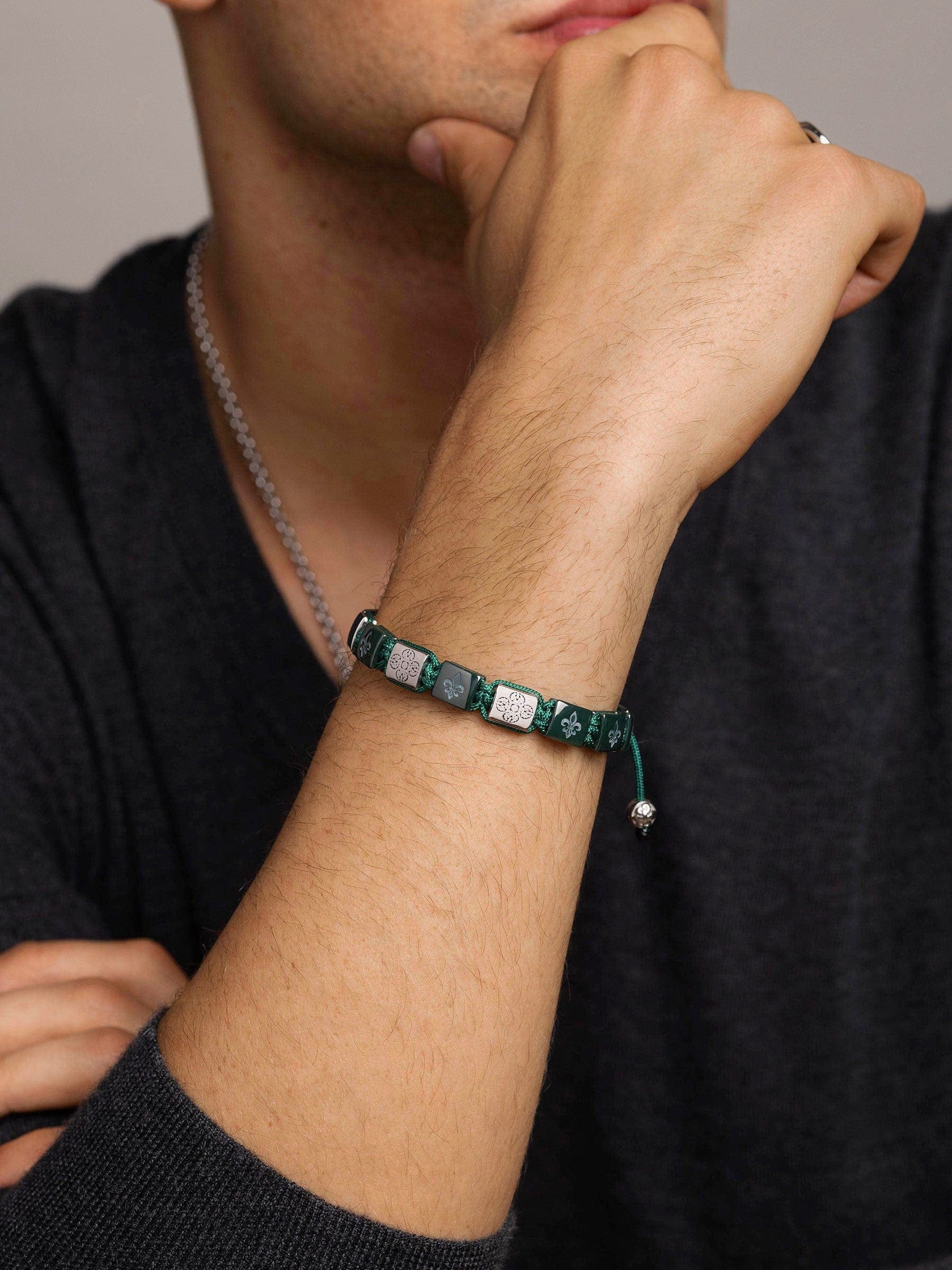 Nialaya Men's Flatbead Bracelet Men's Ceramic Flatbead Bracelet in Green and Silver