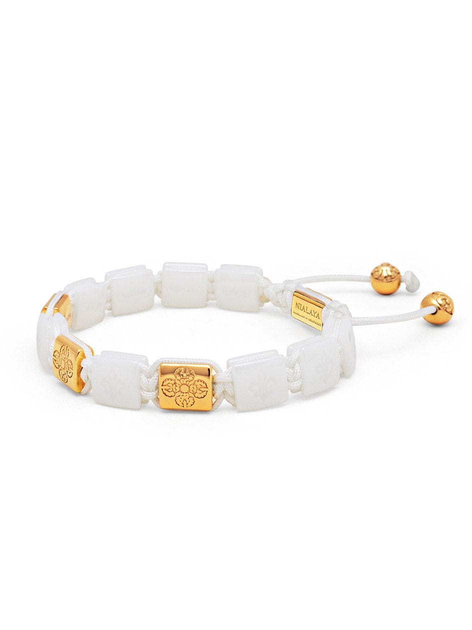 Nialaya Men's Flatbead Bracelet Men's Ceramic Flatbead Bracelet in White and Gold