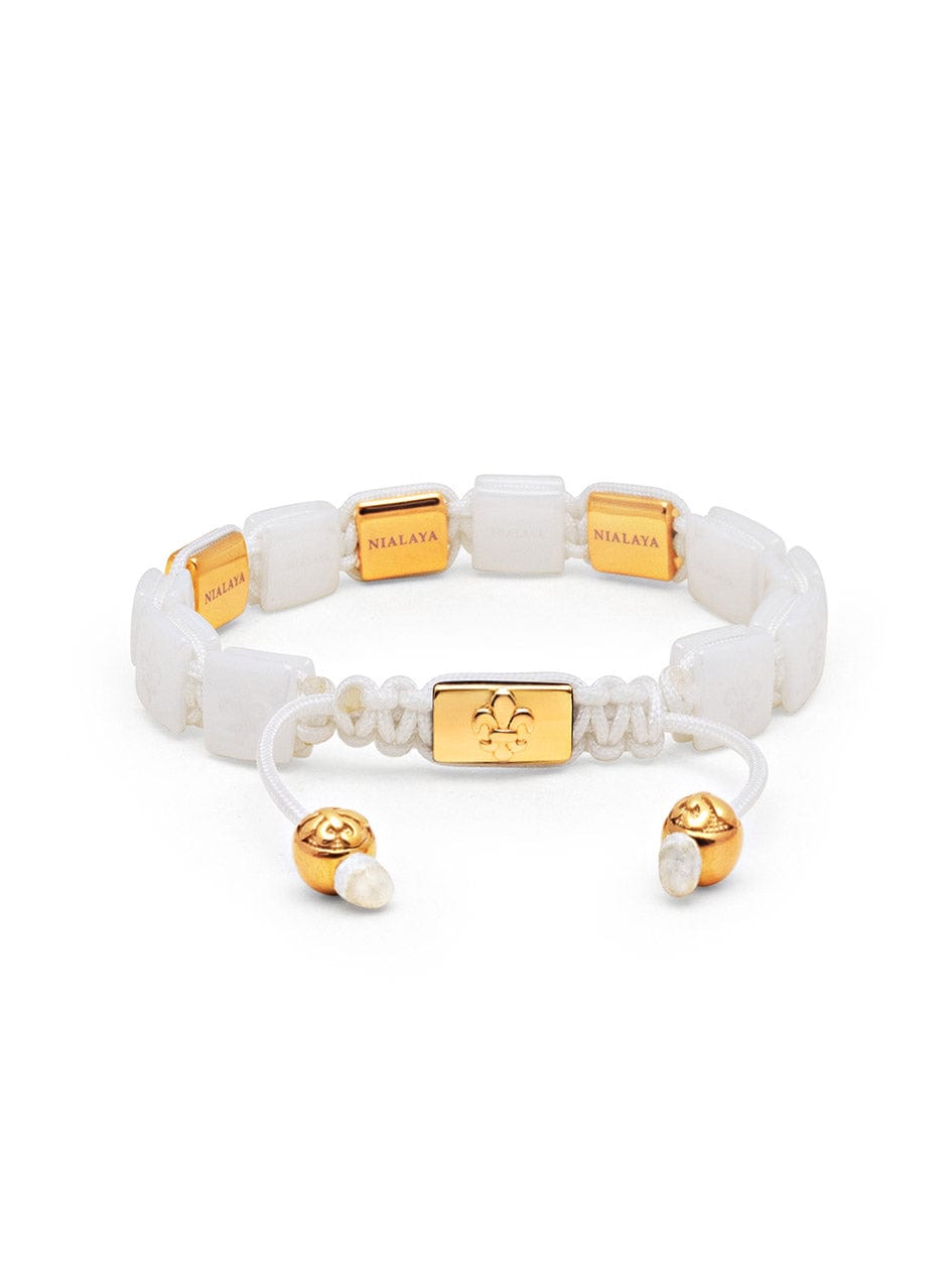 Nialaya Men's Flatbead Bracelet Men's Ceramic Flatbead Bracelet in White and Gold