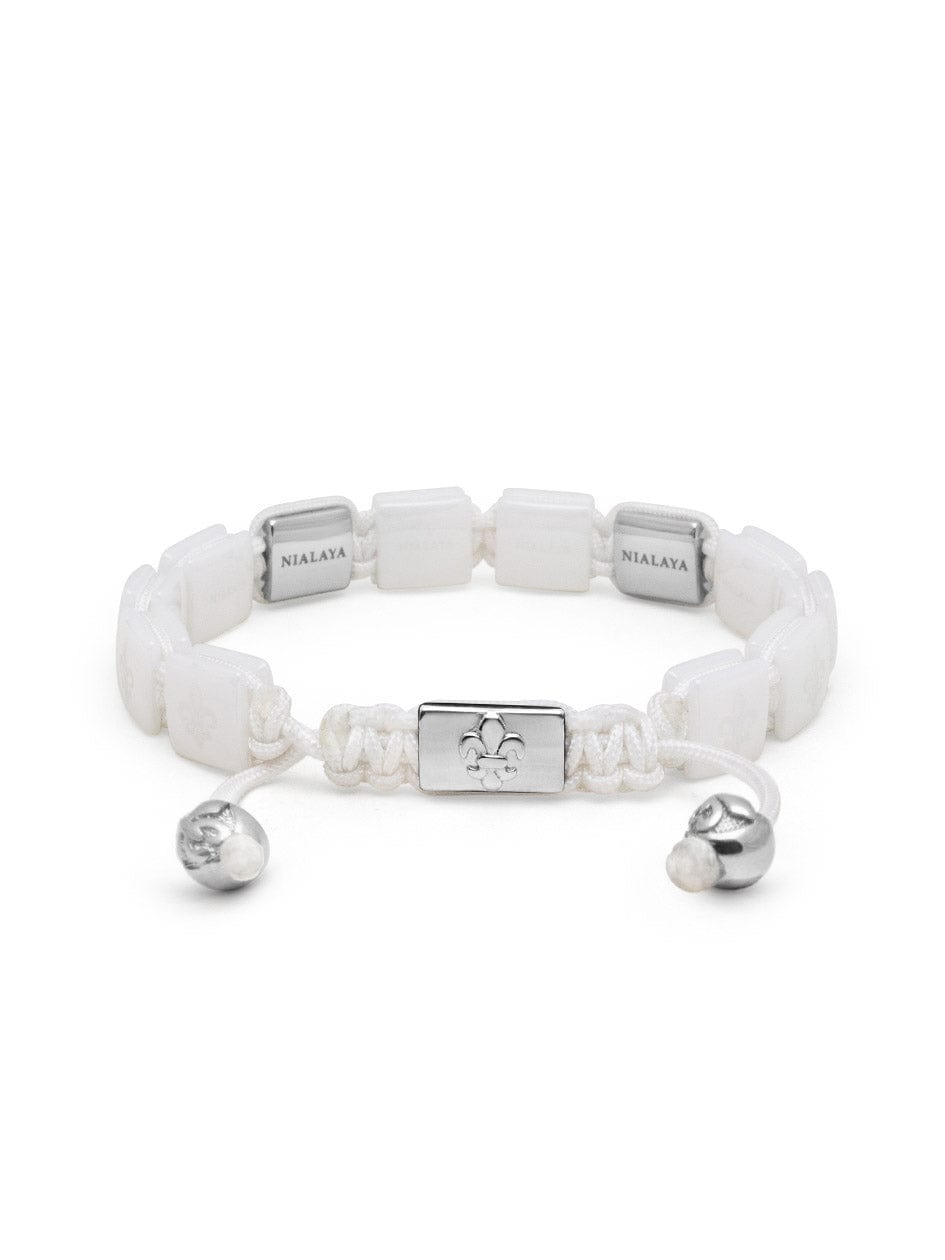 Nialaya Men's Flatbead Bracelet Men's Ceramic Flatbead Bracelet in White and Silver
