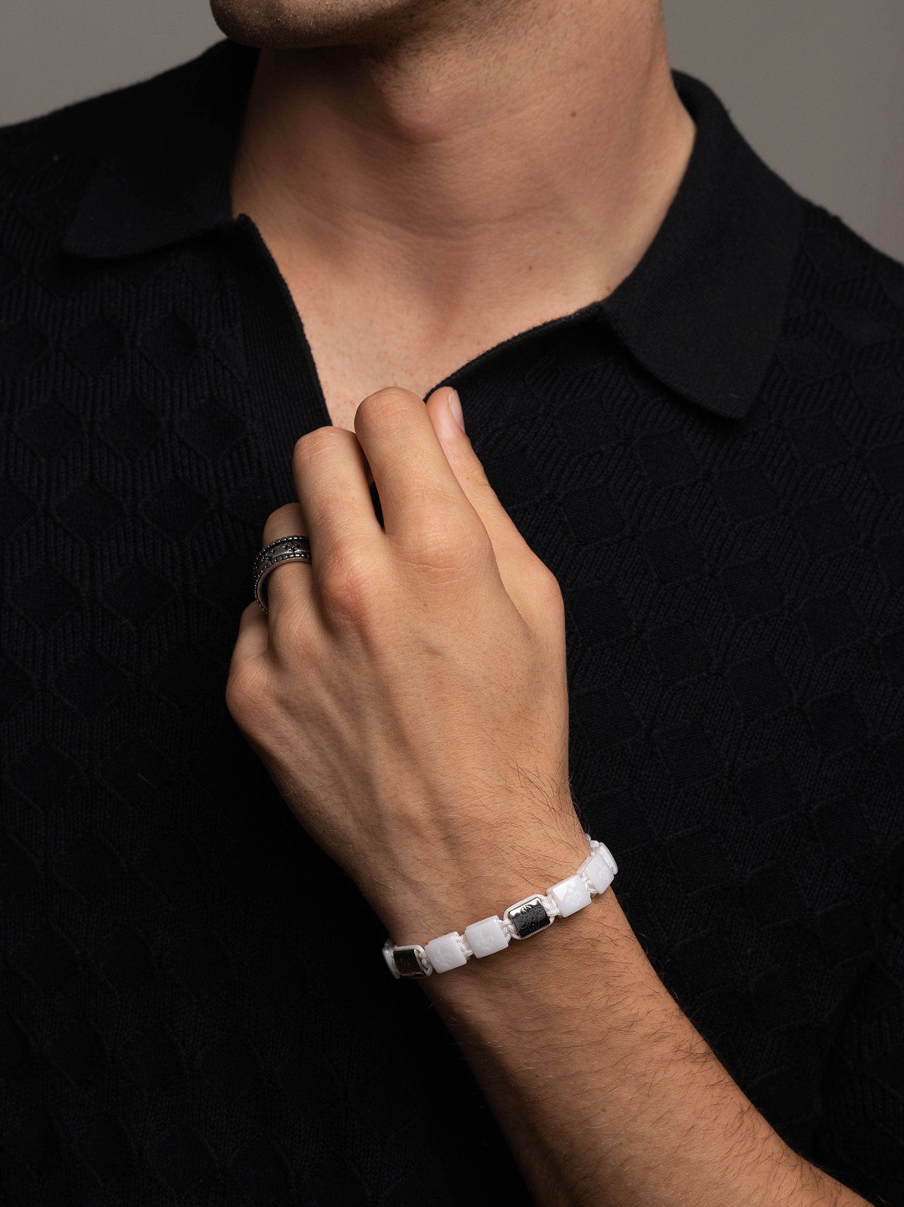 Nialaya Men's Flatbead Bracelet Men's Ceramic Flatbead Bracelet in White and Silver