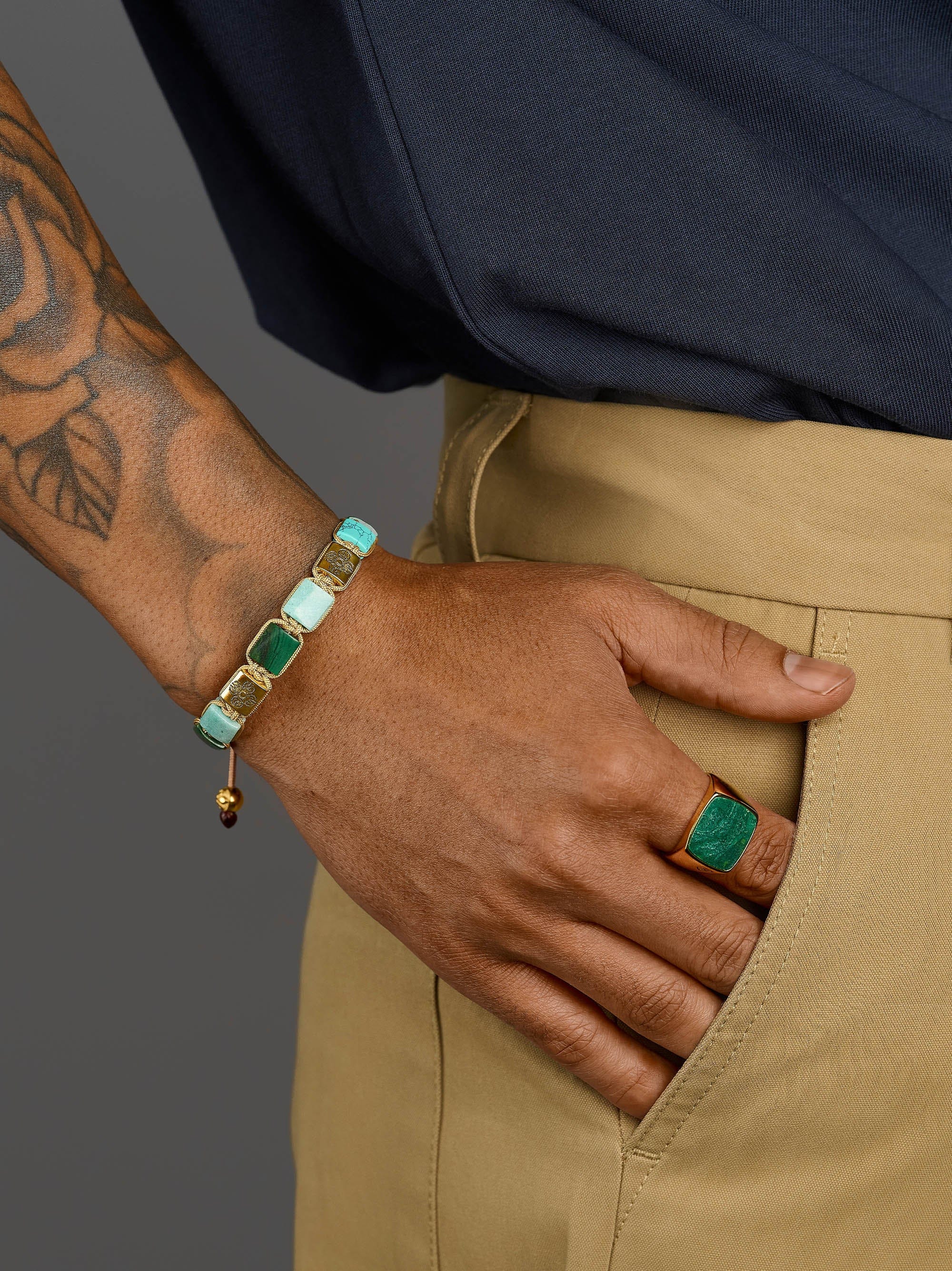 Nialaya Men's Flatbead Bracelet The Dorje Flatbead Collection - Amazonite, Turquoise and Green Malachite The Dorje Flatbead Collection - Amazonite, Turquoise and Green Malachite