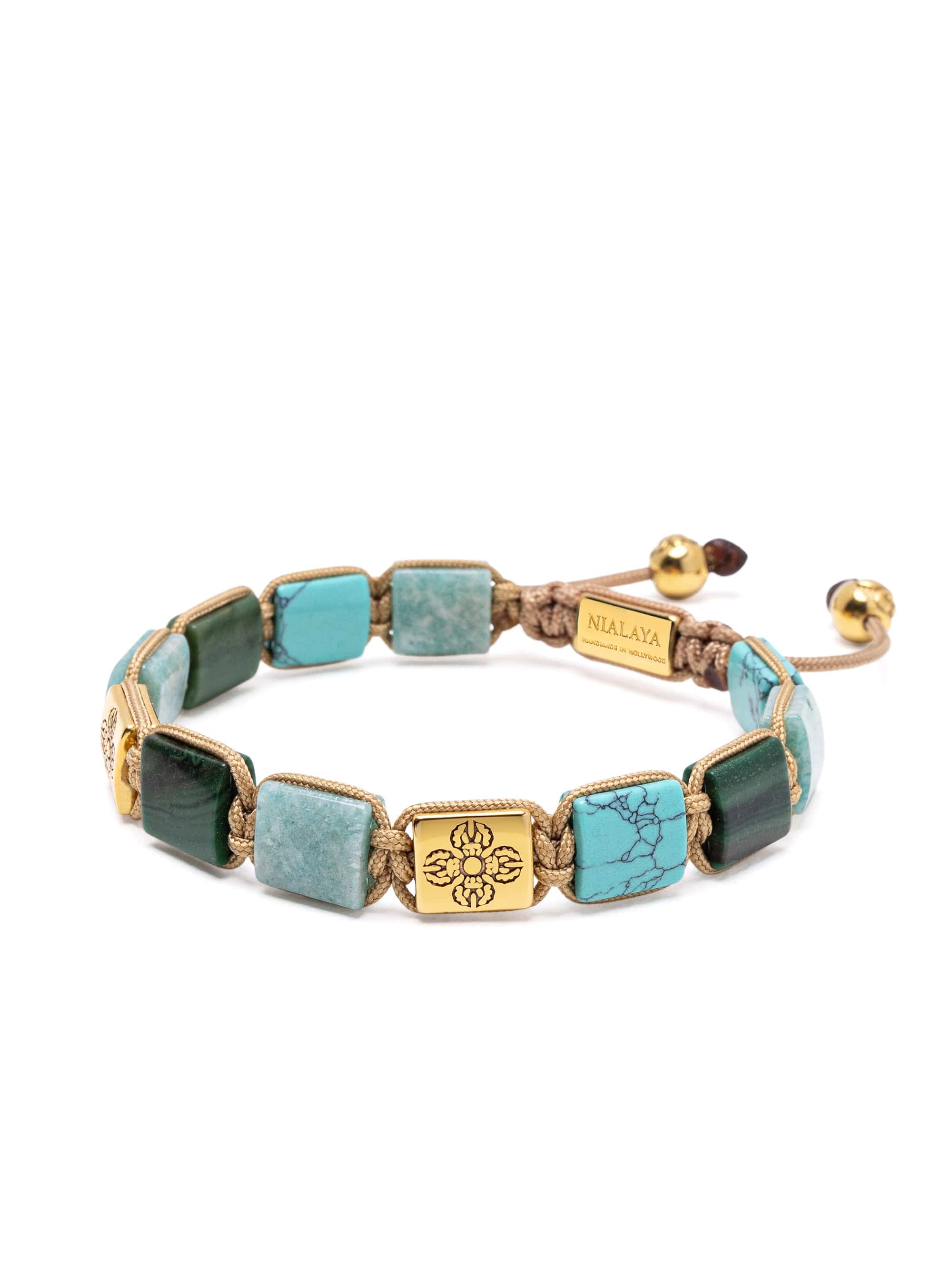 Nialaya Men's Flatbead Bracelet The Dorje Flatbead Collection - Amazonite, Turquoise and Green Malachite The Dorje Flatbead Collection - Amazonite, Turquoise and Green Malachite