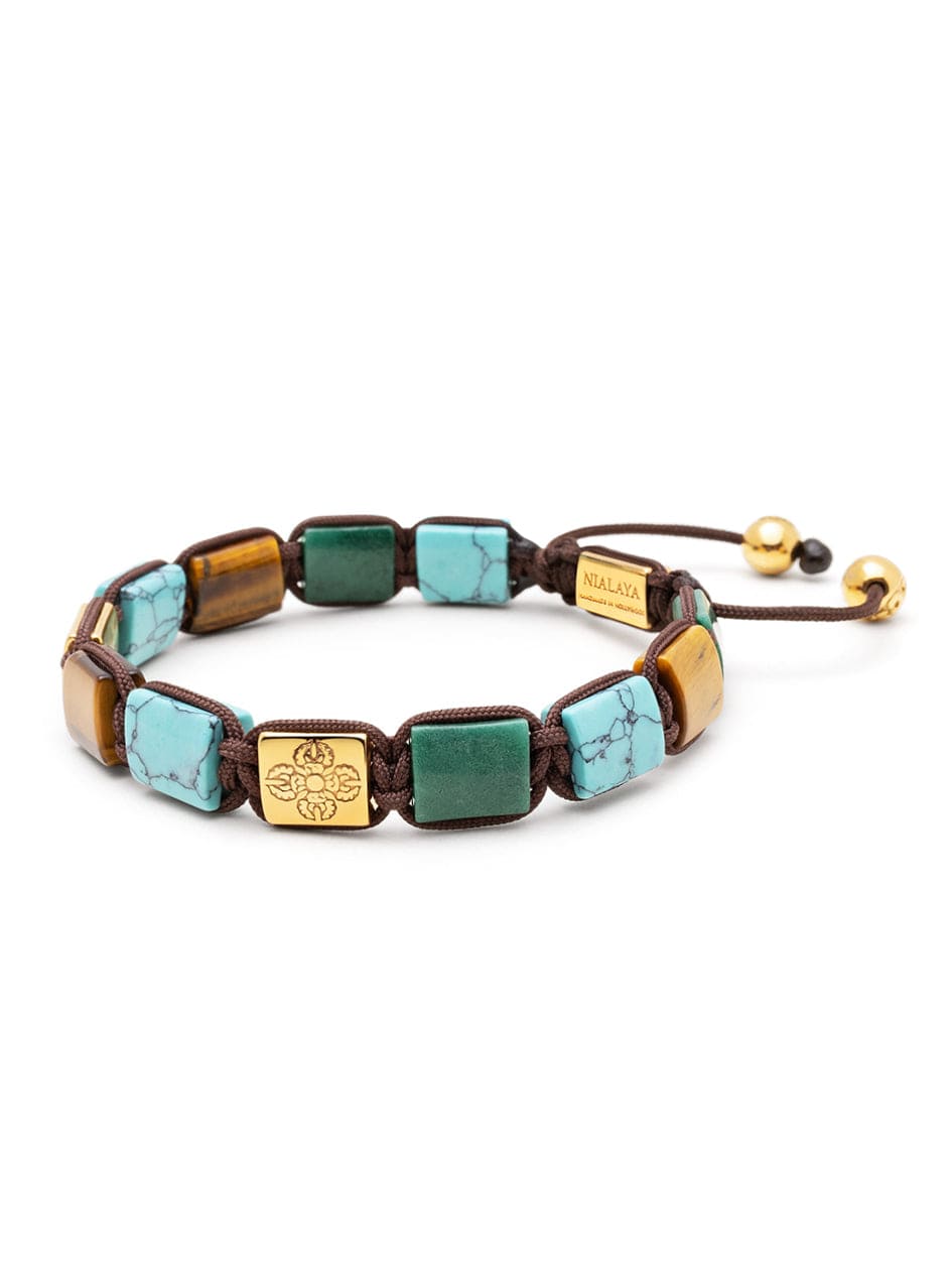 Nialaya Men's Flatbead The Dorje Flatbead Collection - Turquoise, Green Jade and Brown Tiger Eye