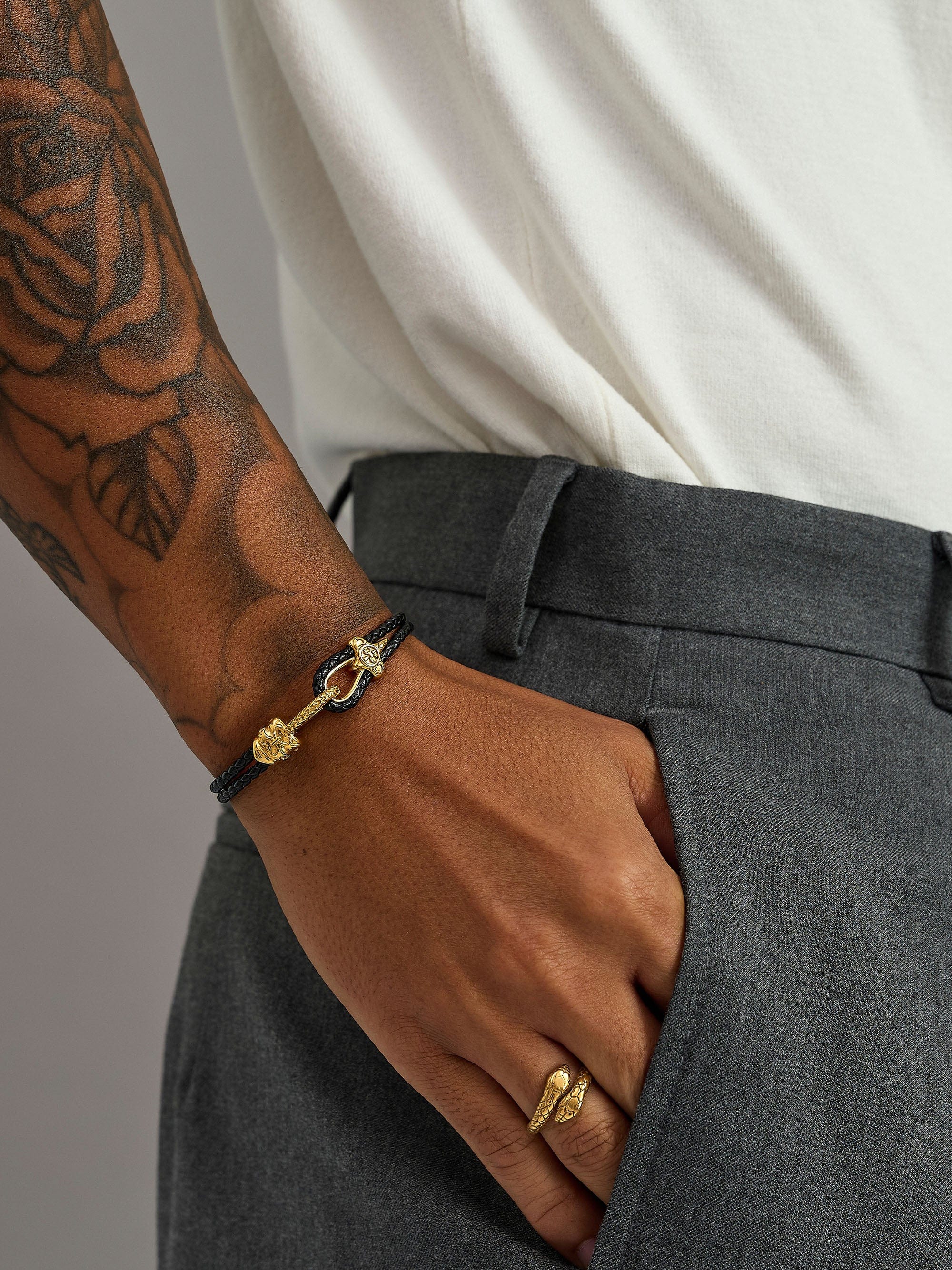 Nialaya Men's Leather Bracelet Black Leather Bracelet with Gold Rope Clasp Black Leather Bracelet with Gold Rope Clasp