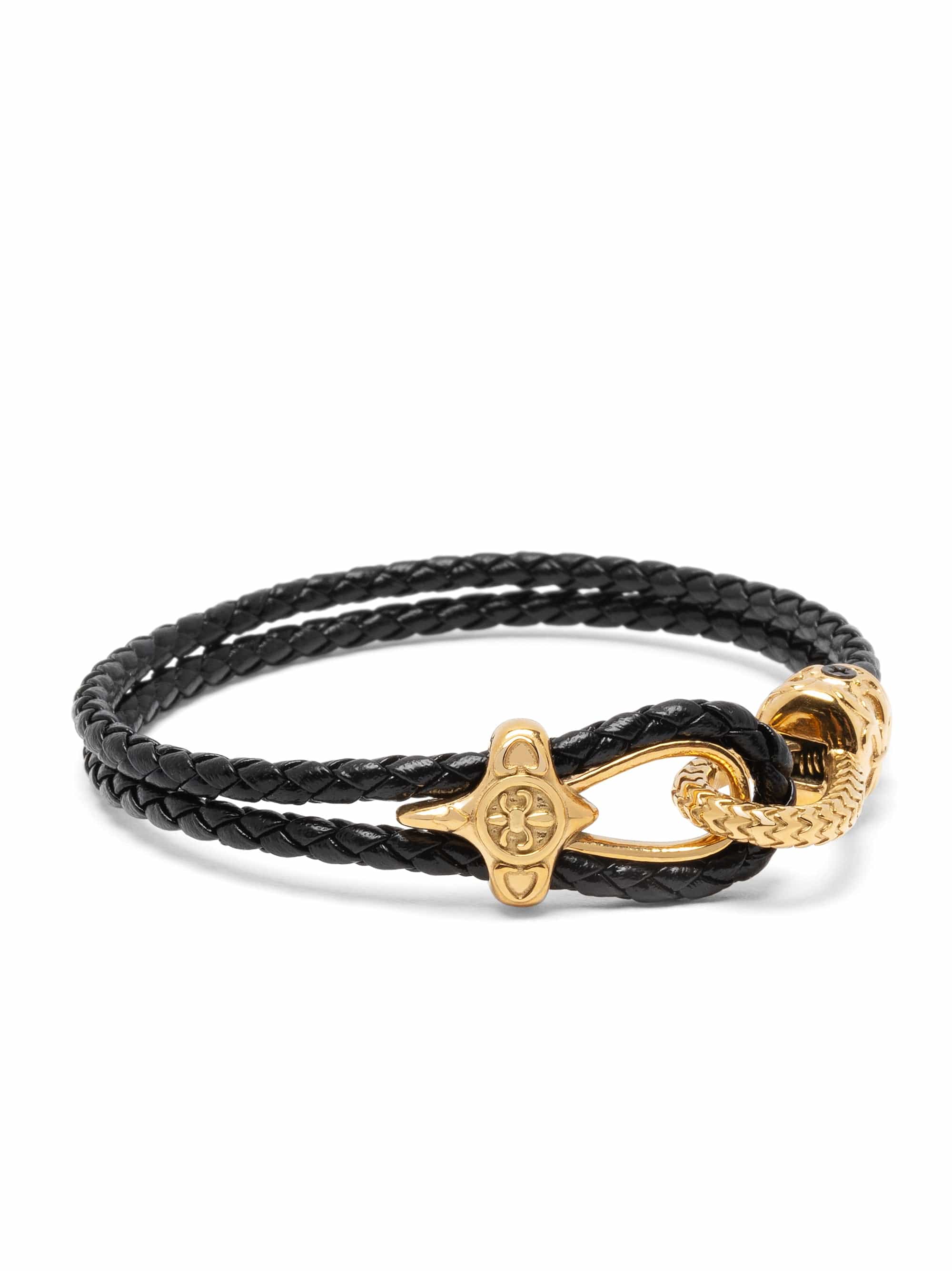 Nialaya Men's Leather Bracelet Black Leather Bracelet with Gold Rope Clasp Black Leather Bracelet with Gold Rope Clasp